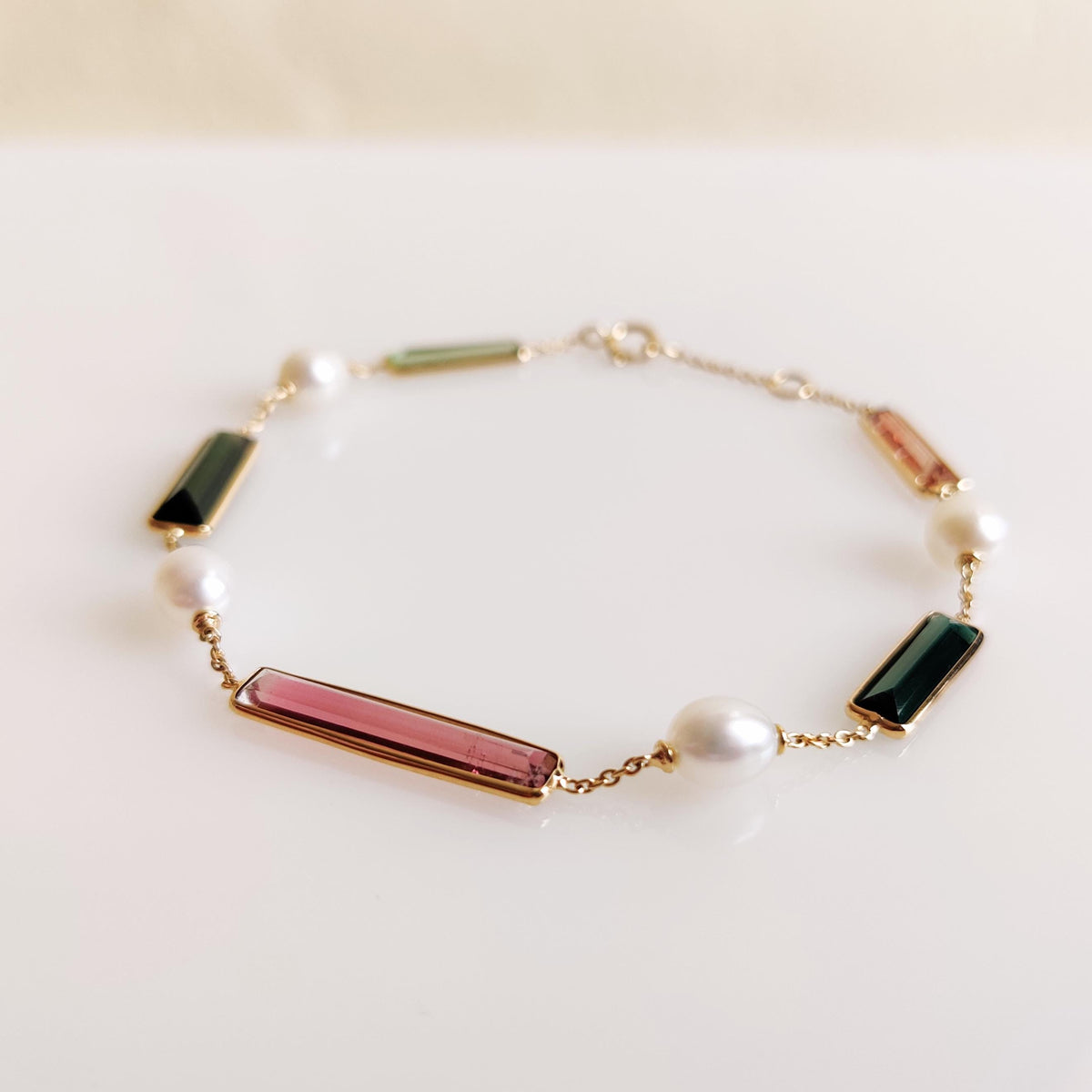 14K Solid Yellow Gold Natural Multi Tourmaline & Pearl Bracelet, October Birthstone, Christmas Present