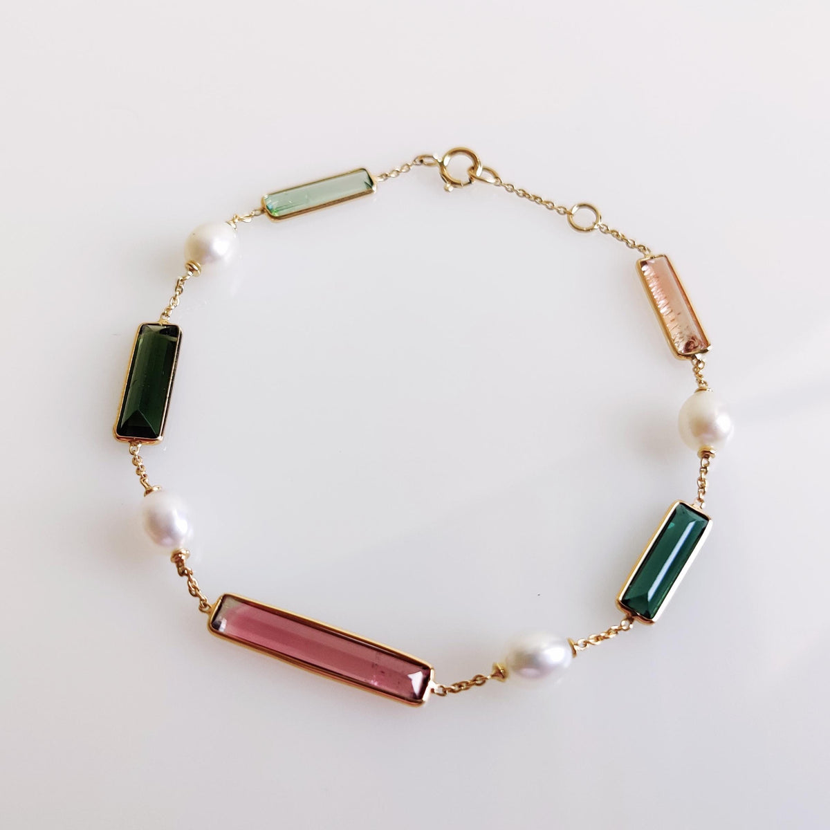 14K Solid Yellow Gold Natural Multi Tourmaline & Pearl Bracelet, October Birthstone, Christmas Present