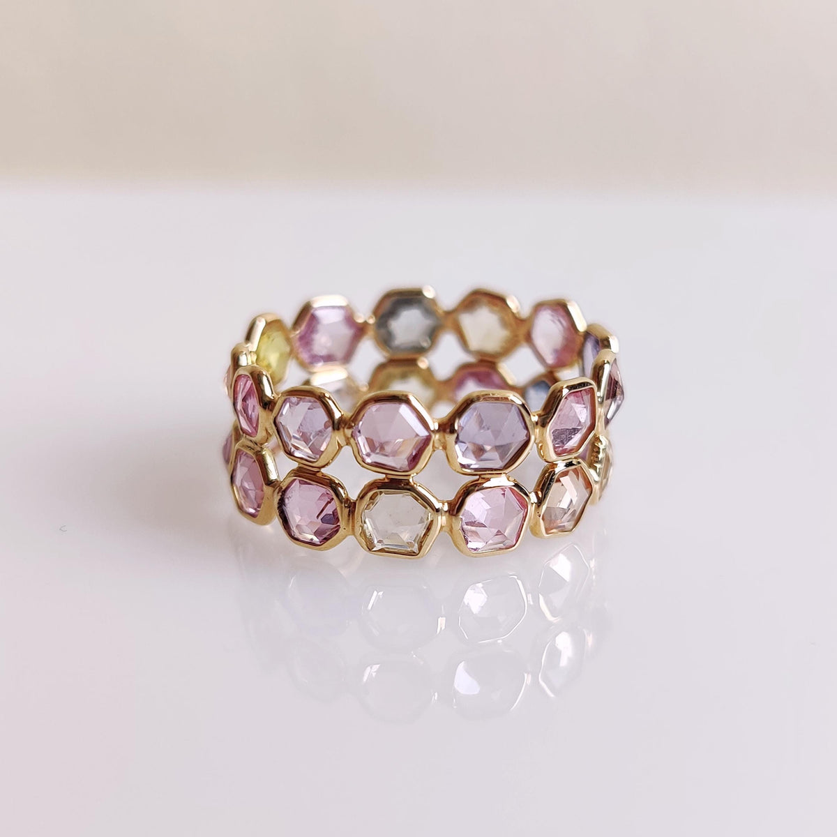 14K Solid Yellow Gold Natural Multi Sapphire Ring, Dainty Bezel Eternity Band, Christmas Present