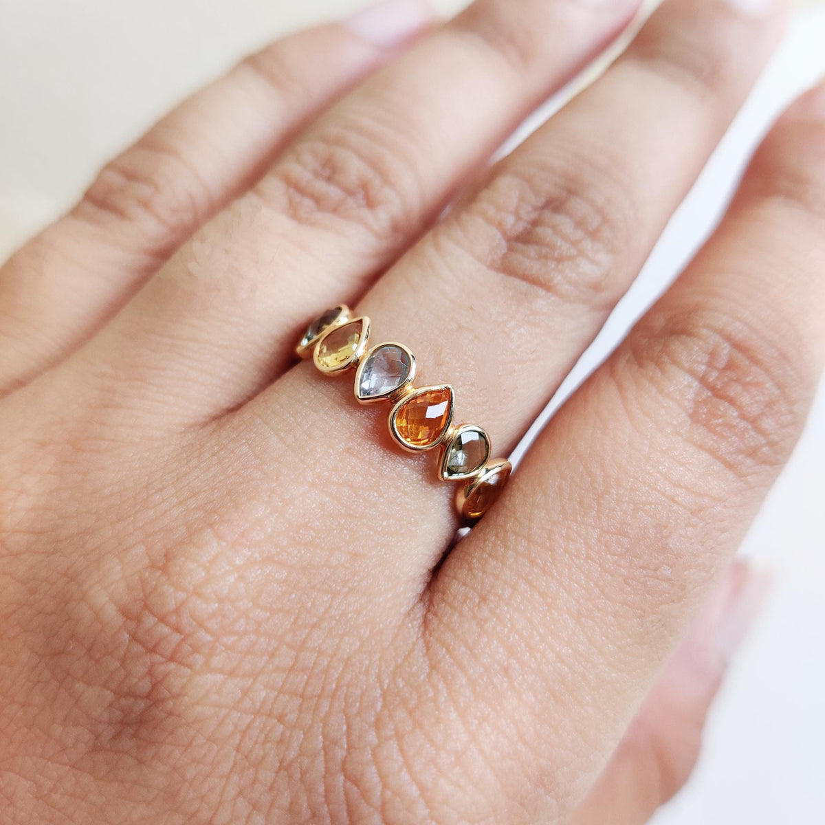 14K Solid Yellow Gold Natural Multi Sapphire Ring, Dainty Bezel Eternity Band, Christmas Present