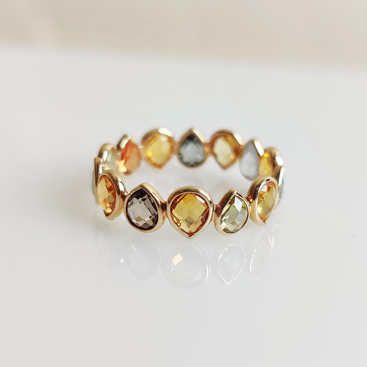 14K Solid Yellow Gold Natural Multi Sapphire Ring, Dainty Bezel Eternity Band, Christmas Present