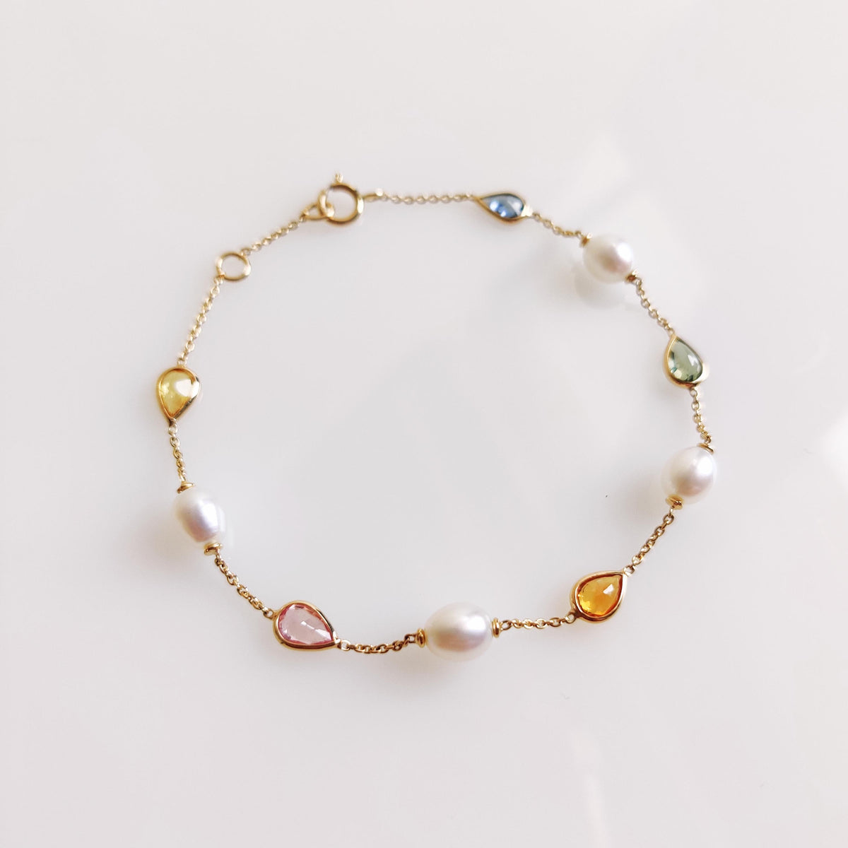 14K Solid Yellow Gold Natural Multi Sapphire & Pearl Bracelet, September Birthstone, Christmas Present
