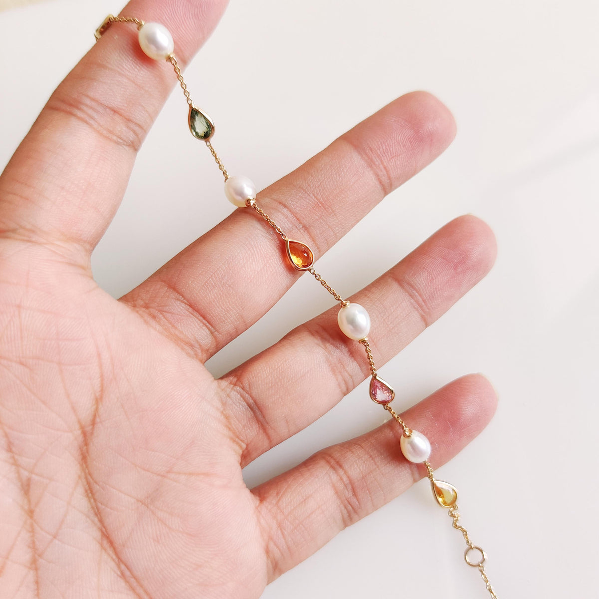 14K Solid Yellow Gold Natural Multi Sapphire & Pearl Bracelet, September Birthstone, Christmas Present
