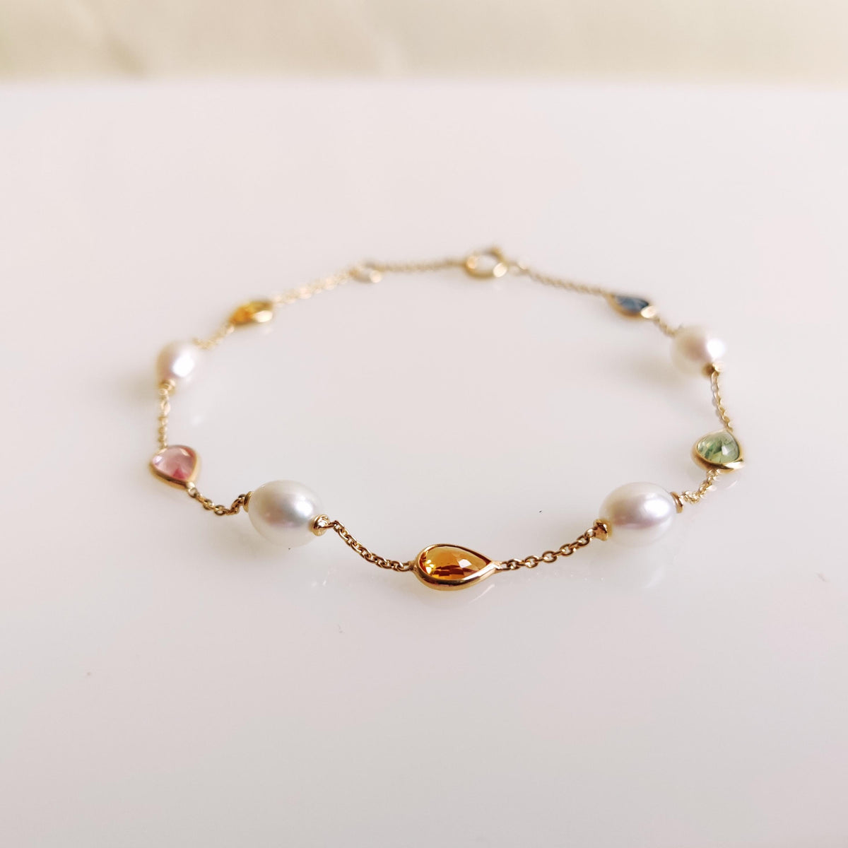 14K Solid Yellow Gold Natural Multi Sapphire & Pearl Bracelet, September Birthstone, Christmas Present
