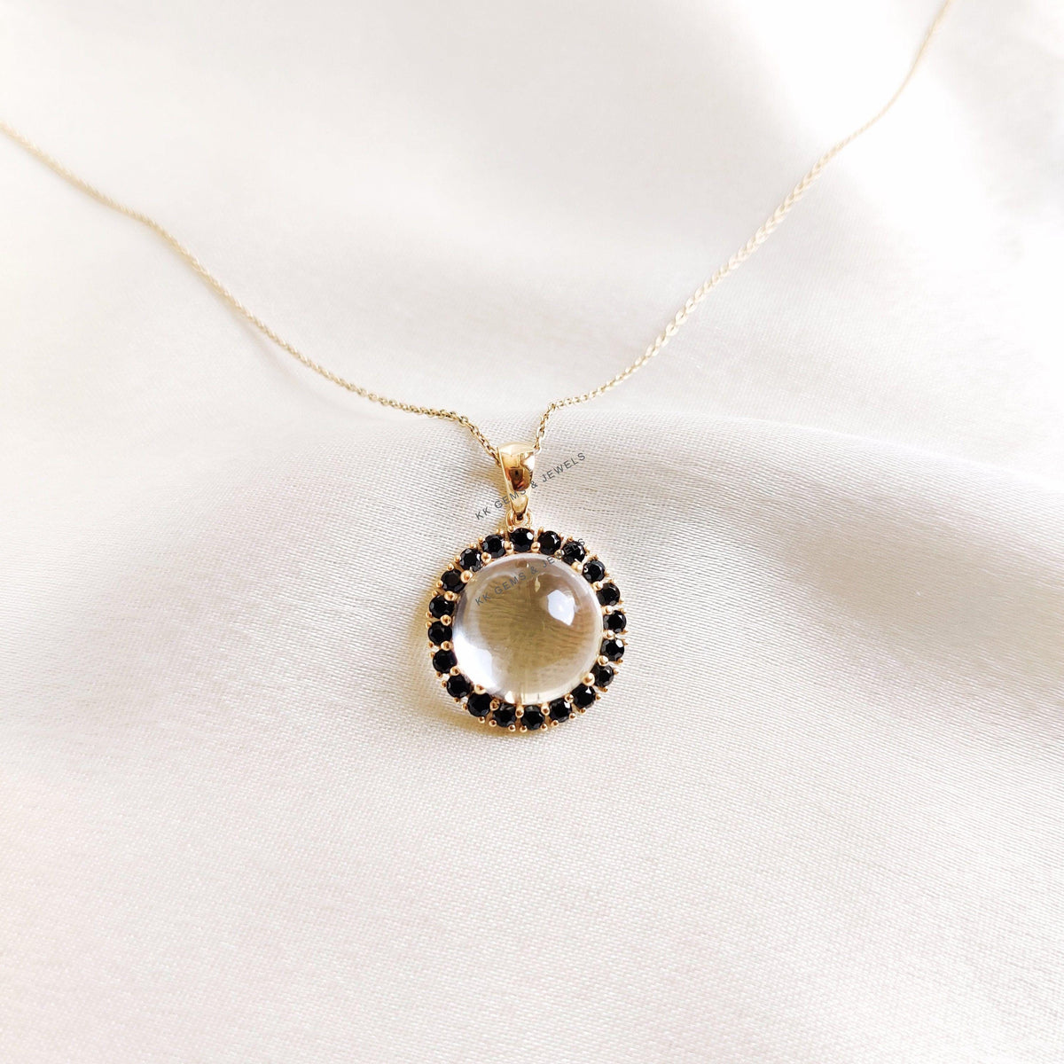 14K Solid Yellow Gold Natural Clear Quartz & Black Spinel Halo Pendant, April July Birthstone, Christmas Present