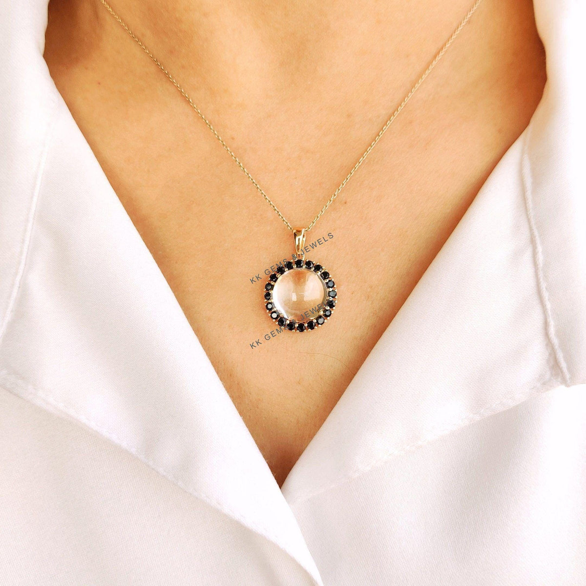 14K Solid Yellow Gold Natural Clear Quartz & Black Spinel Halo Pendant, April July Birthstone, Christmas Present
