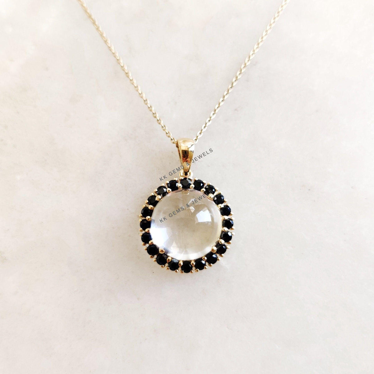14K Solid Yellow Gold Natural Clear Quartz & Black Spinel Halo Pendant, April July Birthstone, Christmas Present