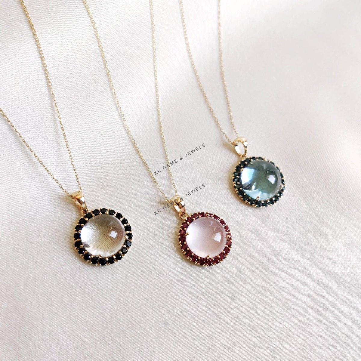 14K Solid Yellow Gold Natural Clear Quartz & Black Spinel Halo Pendant, April July Birthstone, Christmas Present