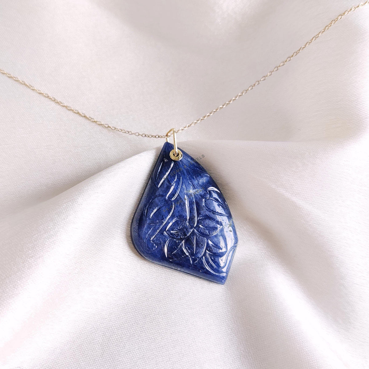 Natural Carving Blue Sapphire Drill Pendant, 14K Solid Yellow Gold, September Birthstone