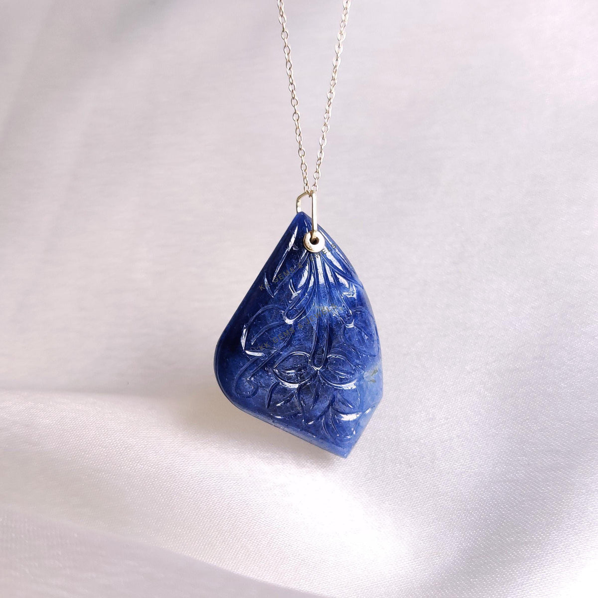 Natural Carving Blue Sapphire Drill Pendant, 14K Solid Yellow Gold, September Birthstone