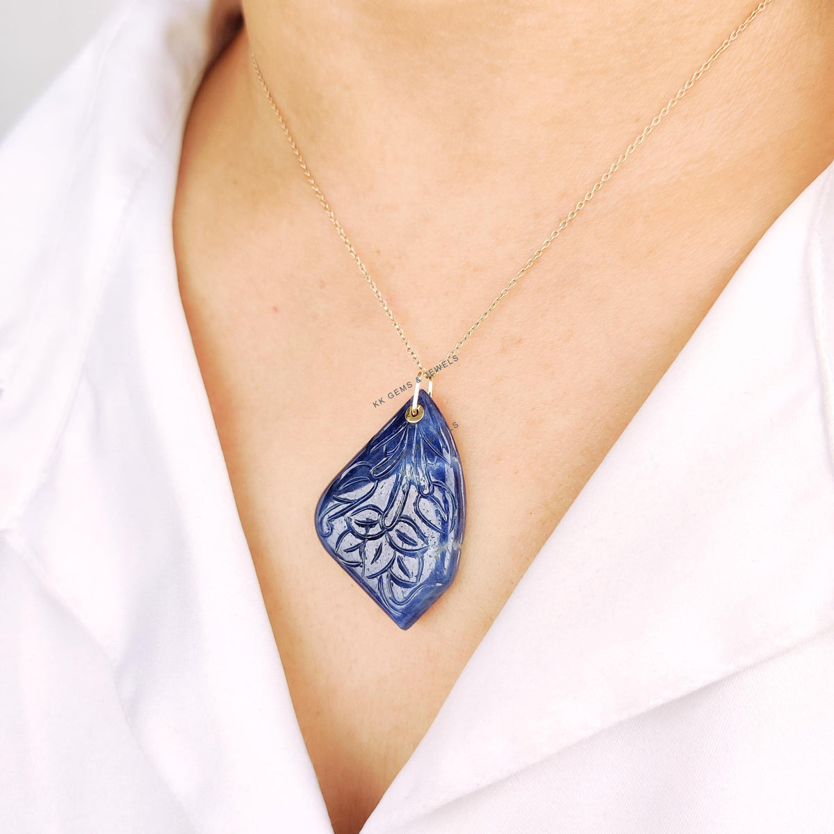 Natural Carving Blue Sapphire Drill Pendant, 14K Solid Yellow Gold, September Birthstone