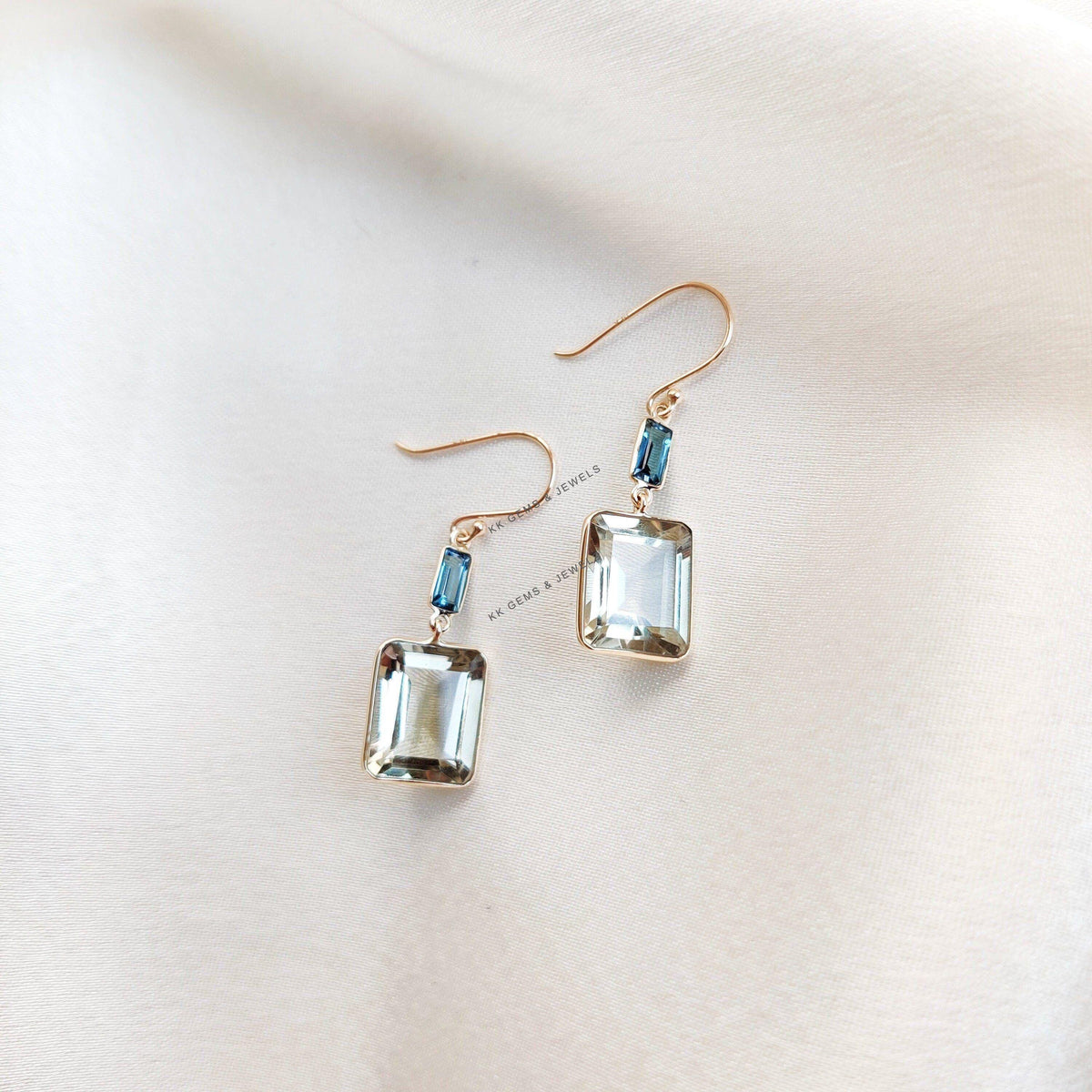 Natural Green Amethyst & London Blue Topaz Earrings, 14K Solid Yellow Gold Earrings, Christmas Present