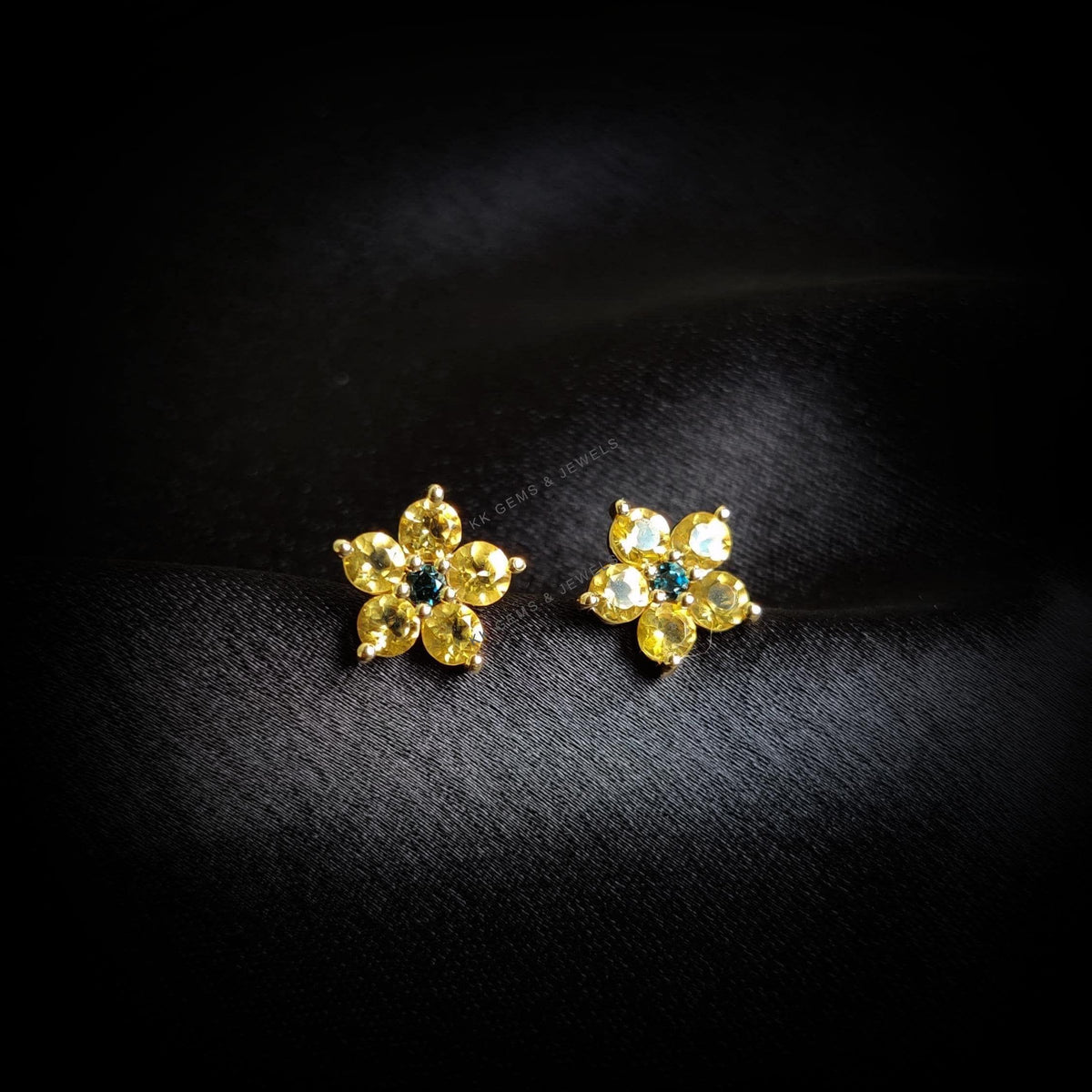 Natural Citrine & London Blue Topaz Flower Studs, 14K Solid Yellow Gold Earrings, November Birthstone