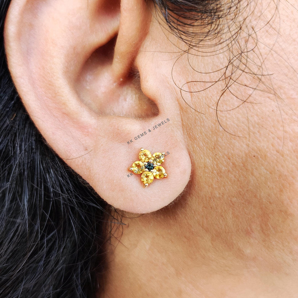 Natural Citrine & London Blue Topaz Flower Studs, 14K Solid Yellow Gold Earrings, November Birthstone