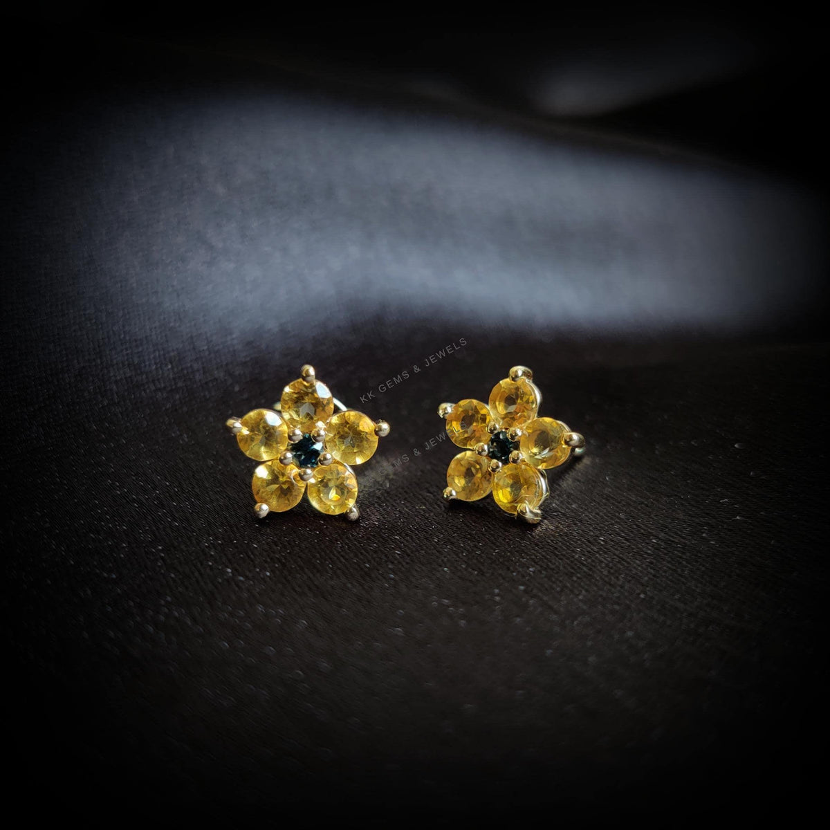 Natural Citrine & London Blue Topaz Flower Studs, 14K Solid Yellow Gold Earrings, November Birthstone