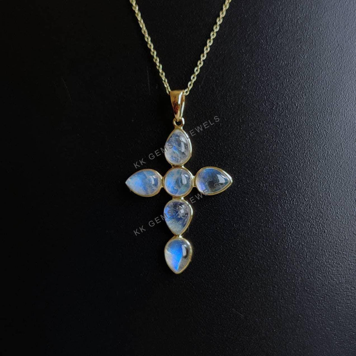 Natural Rainbow Moonstone Cross Pendant, 14K Solid Yellow Gold, June Birthstone