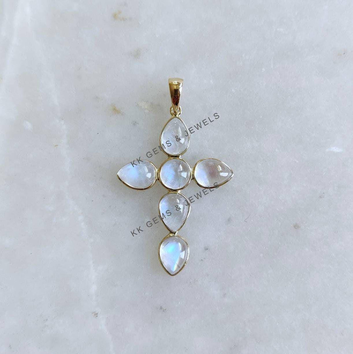 Natural Rainbow Moonstone Cross Pendant, 14K Solid Yellow Gold, June Birthstone