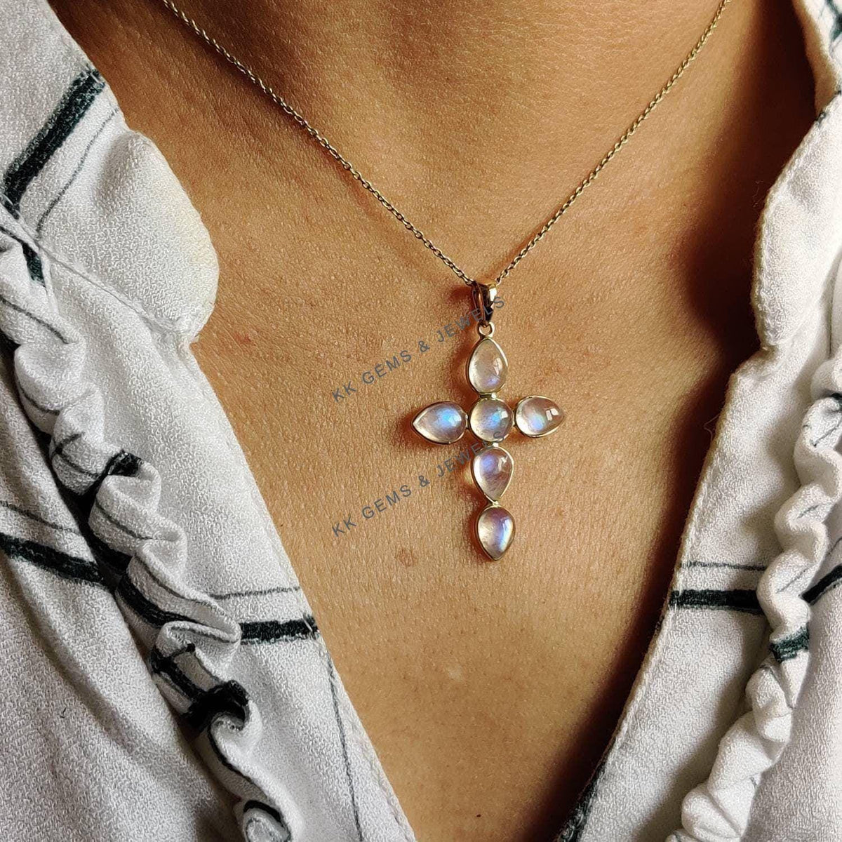 Natural Rainbow Moonstone Cross Pendant, 14K Solid Yellow Gold, June Birthstone