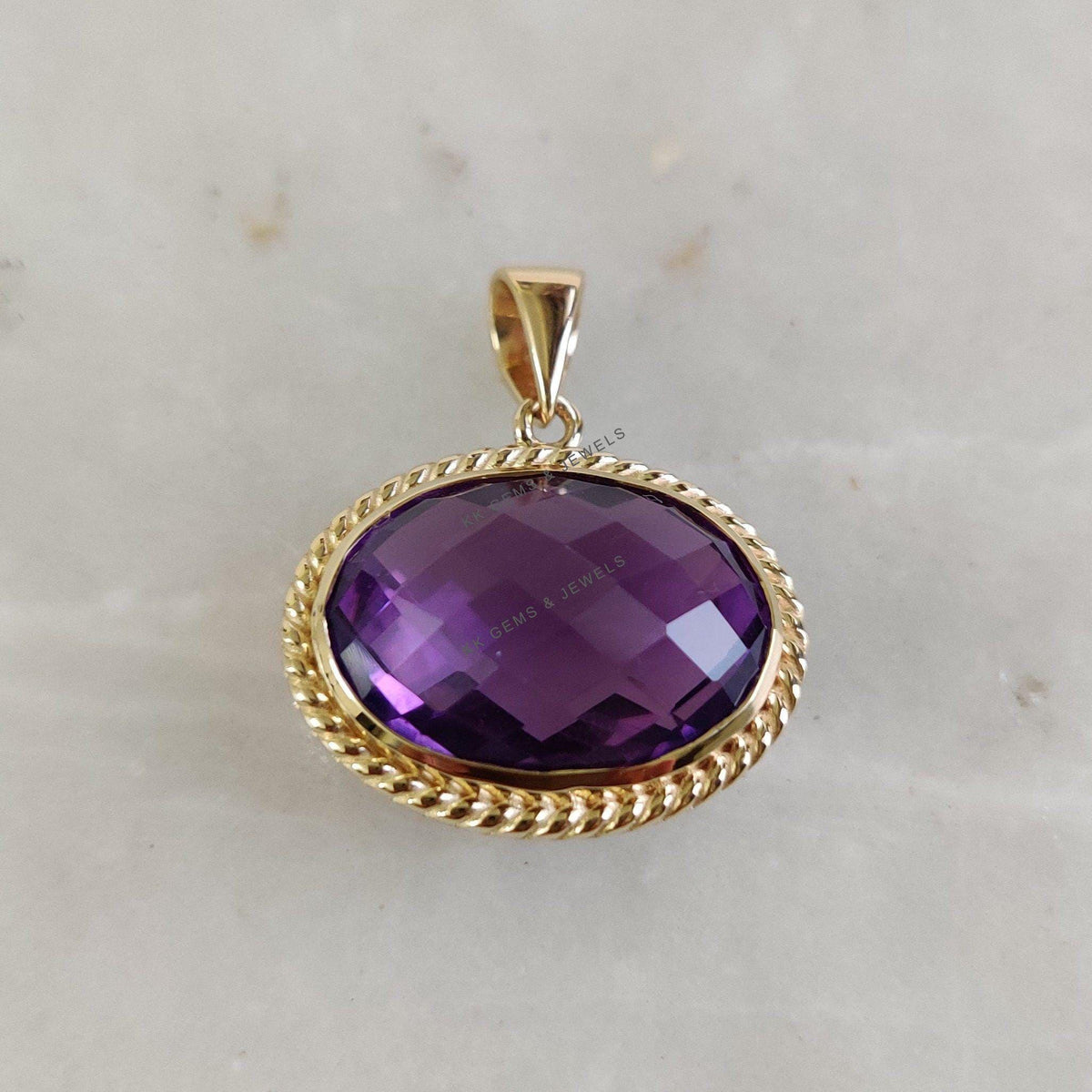 14K Solid Yellow Gold Natural Purple Amethyst Pendant, February Birthstone, Christmas Present