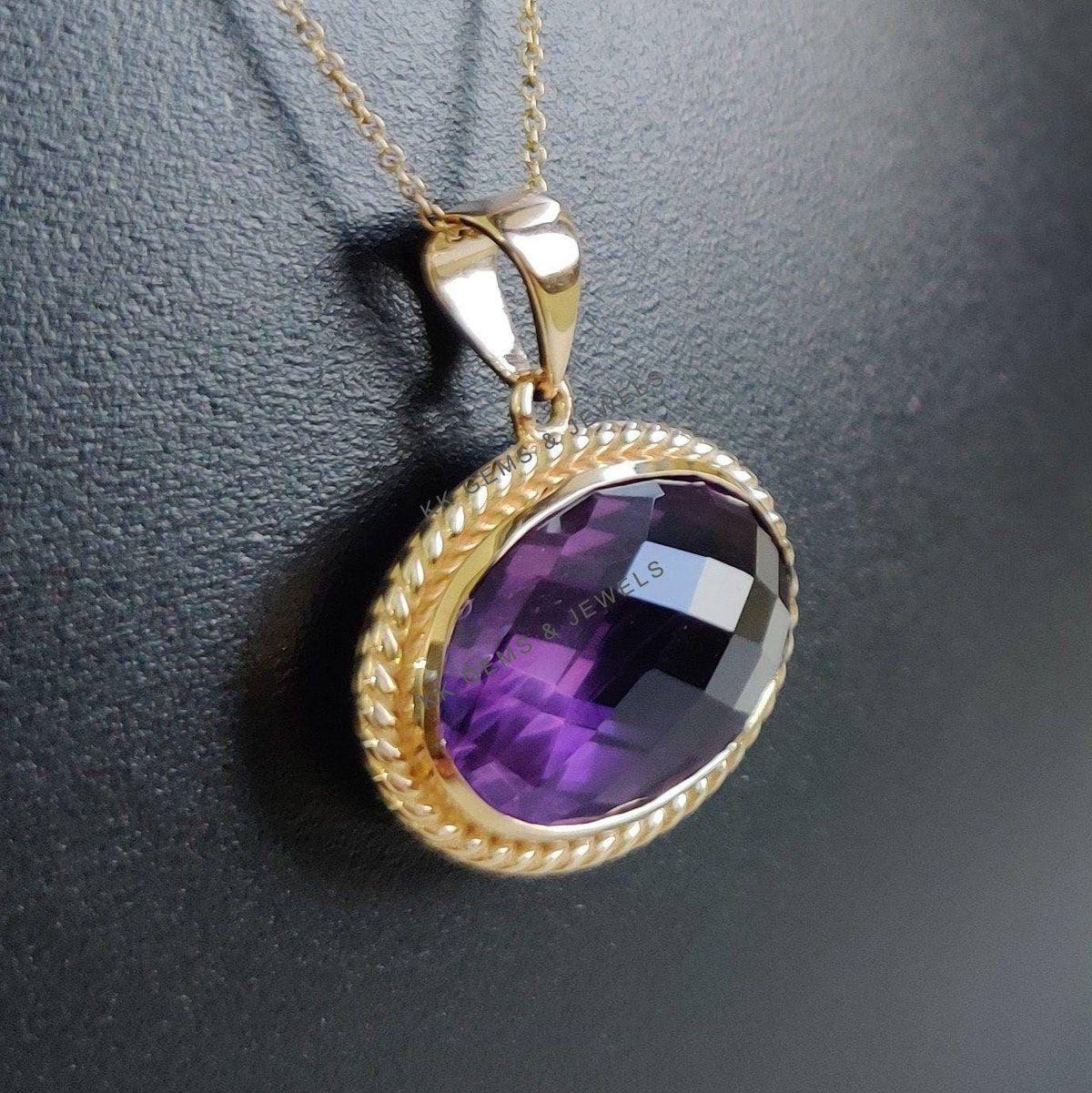 14K Solid Yellow Gold Natural Purple Amethyst Pendant, February Birthstone, Christmas Present