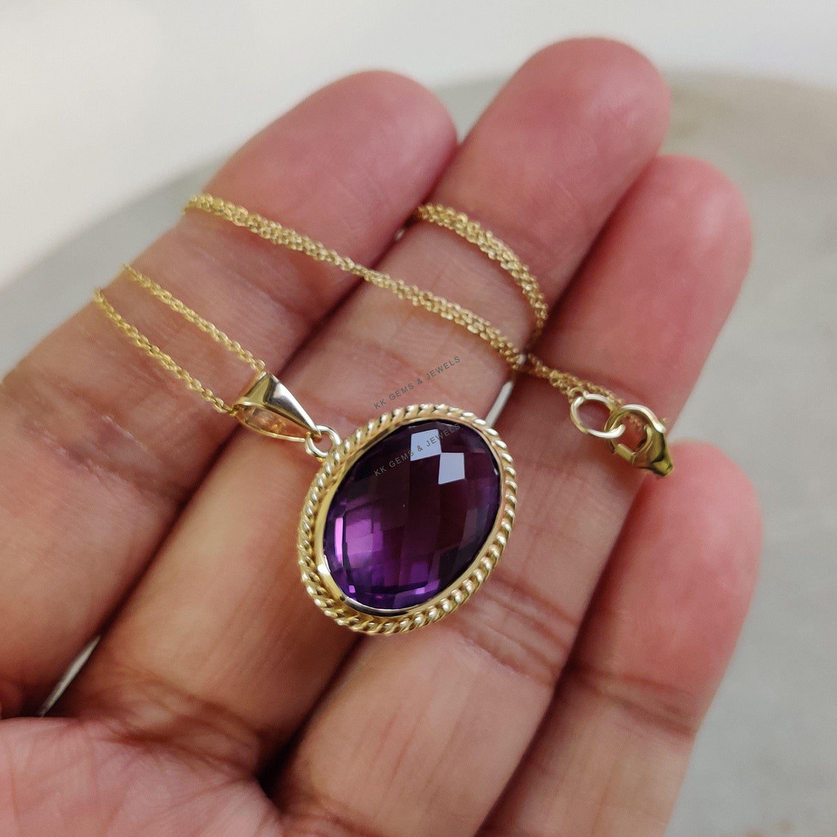 14K Solid Yellow Gold Natural Purple Amethyst Pendant, February Birthstone, Christmas Present