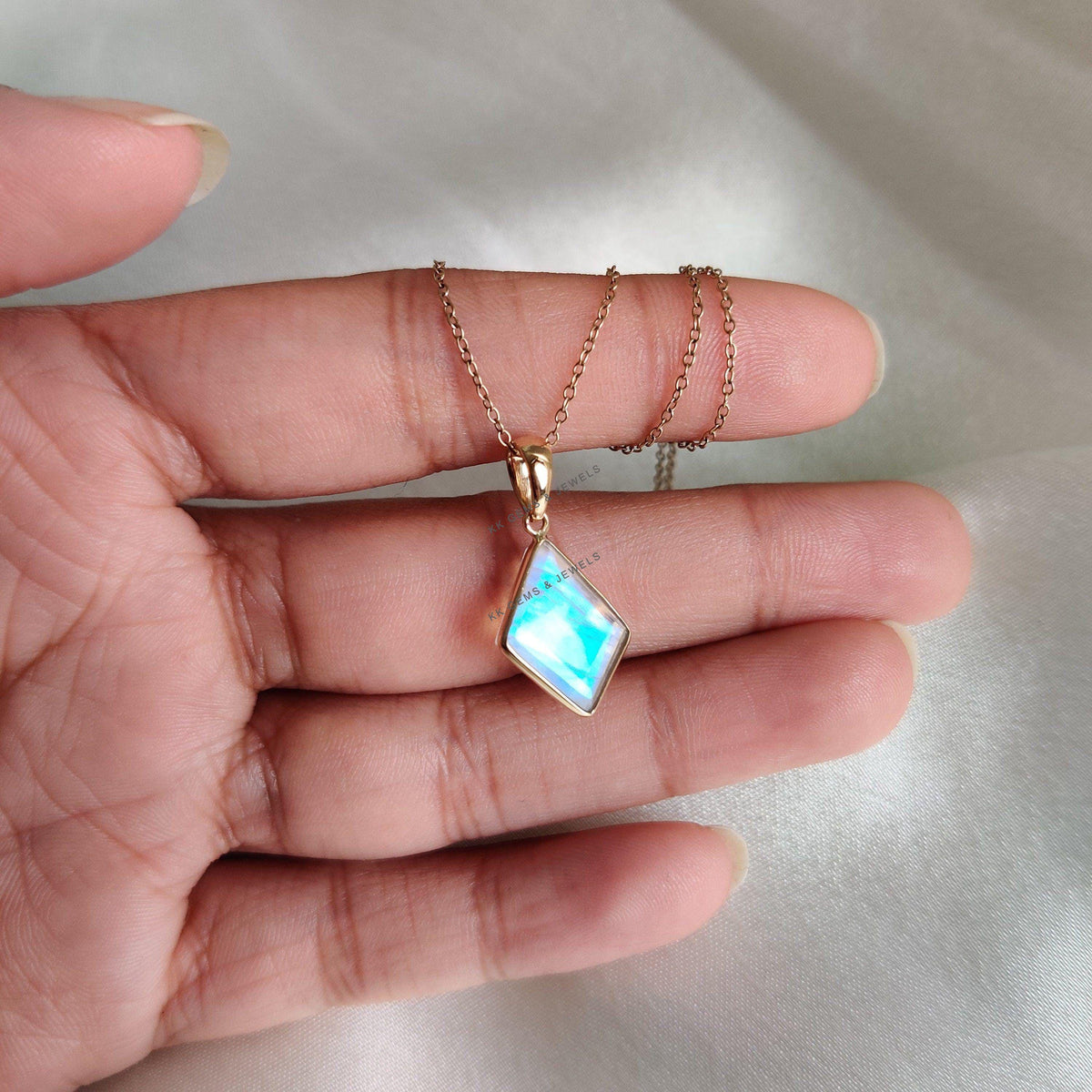 Natural Rainbow Moonstone Pendant, 14K Solid Yellow Gold Pendant, June Birthstone