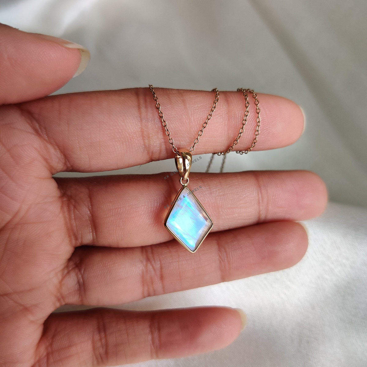 Natural Rainbow Moonstone Pendant, 14K Solid Yellow Gold Pendant, June Birthstone