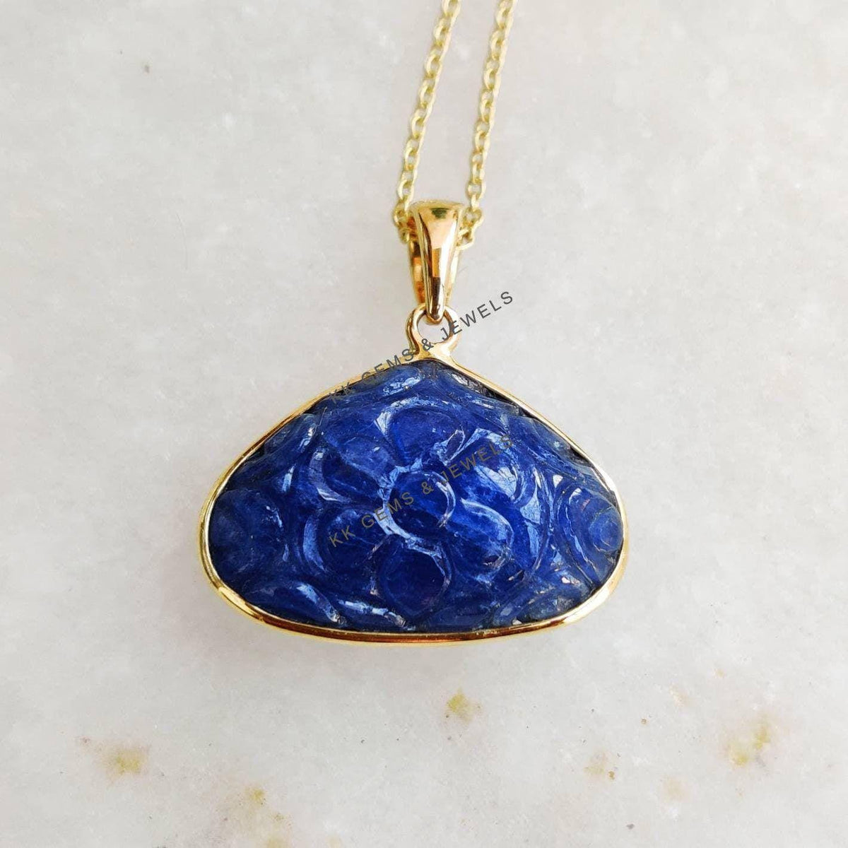 Natural Carving Blue Sapphire Trillion Pendant, 14K Solid Yellow Gold, September Birthstone, Christmas Present