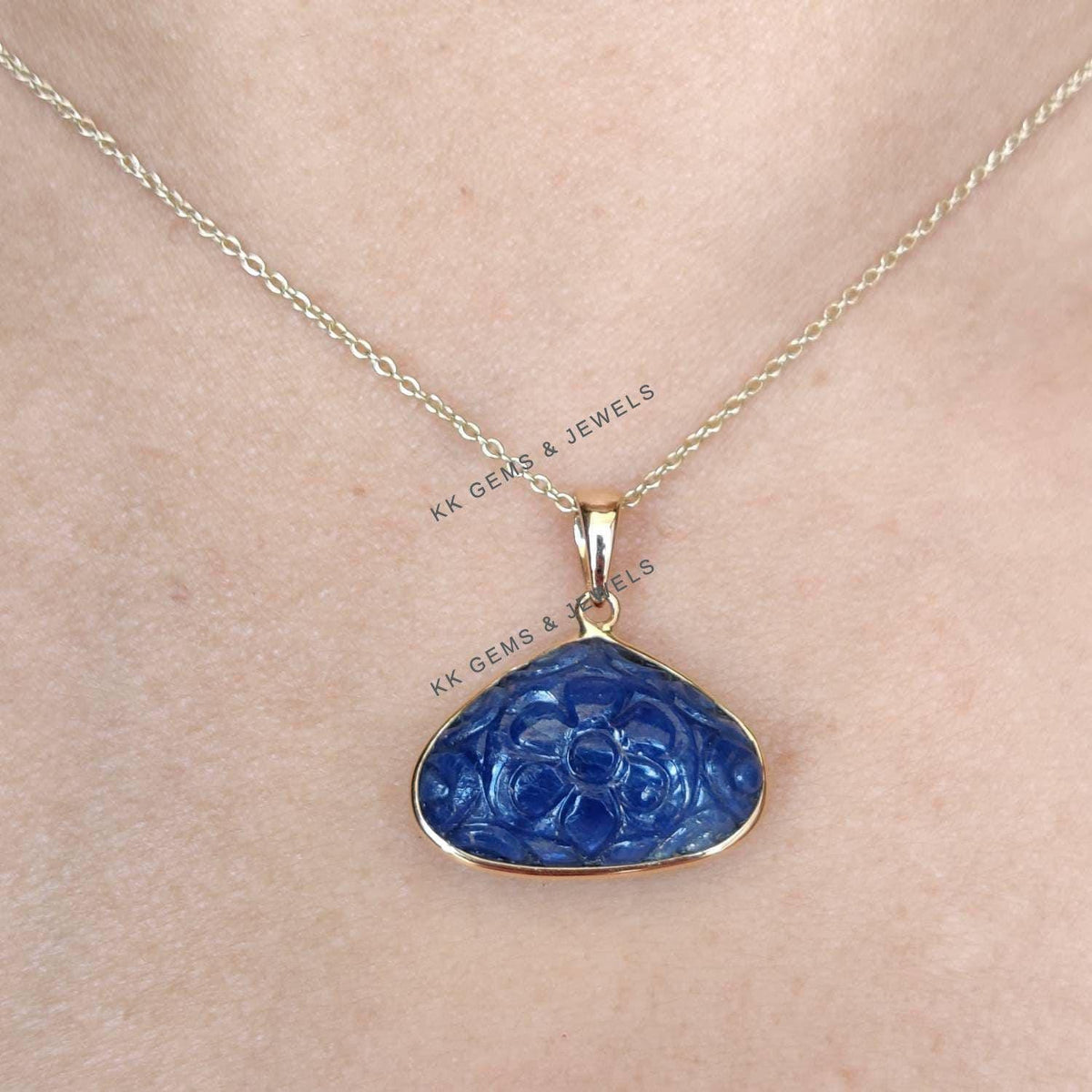 Natural Carving Blue Sapphire Trillion Pendant, 14K Solid Yellow Gold, September Birthstone, Christmas Present