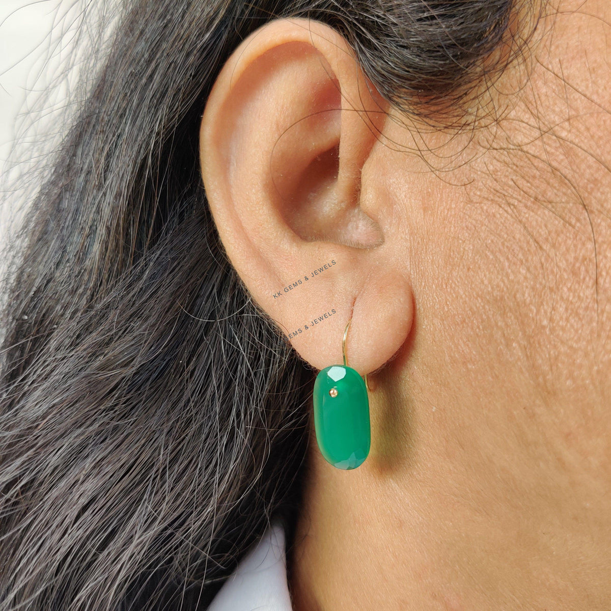 14K Solid Yellow Gold Natural Green Onyx Dangle Earrings, May Birthstone, Christmas Present