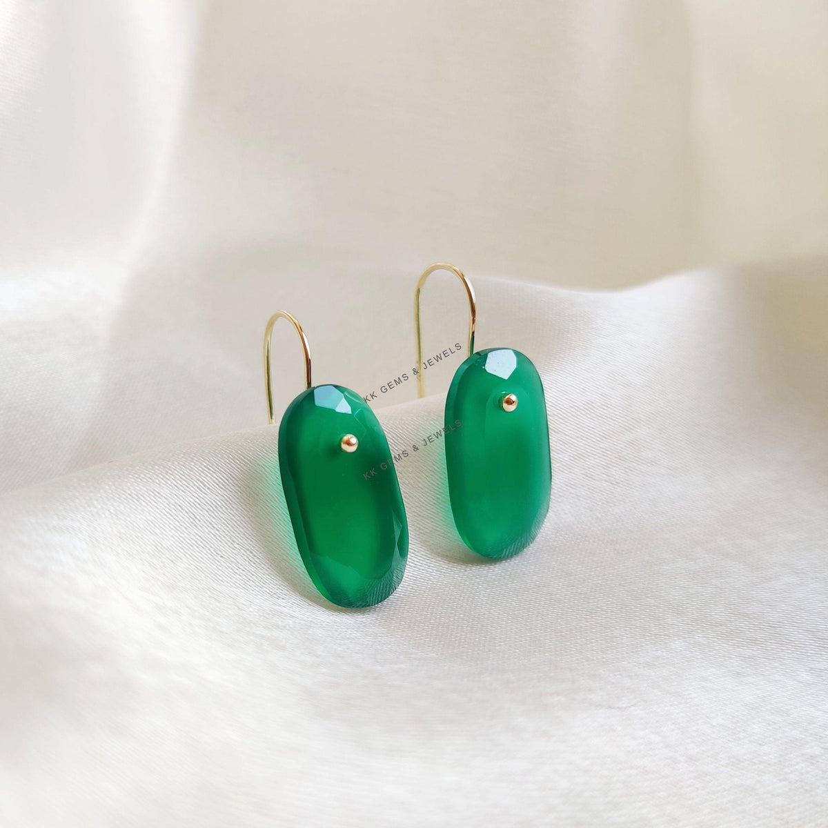 14K Solid Yellow Gold Natural Green Onyx Dangle Earrings, May Birthstone, Christmas Present