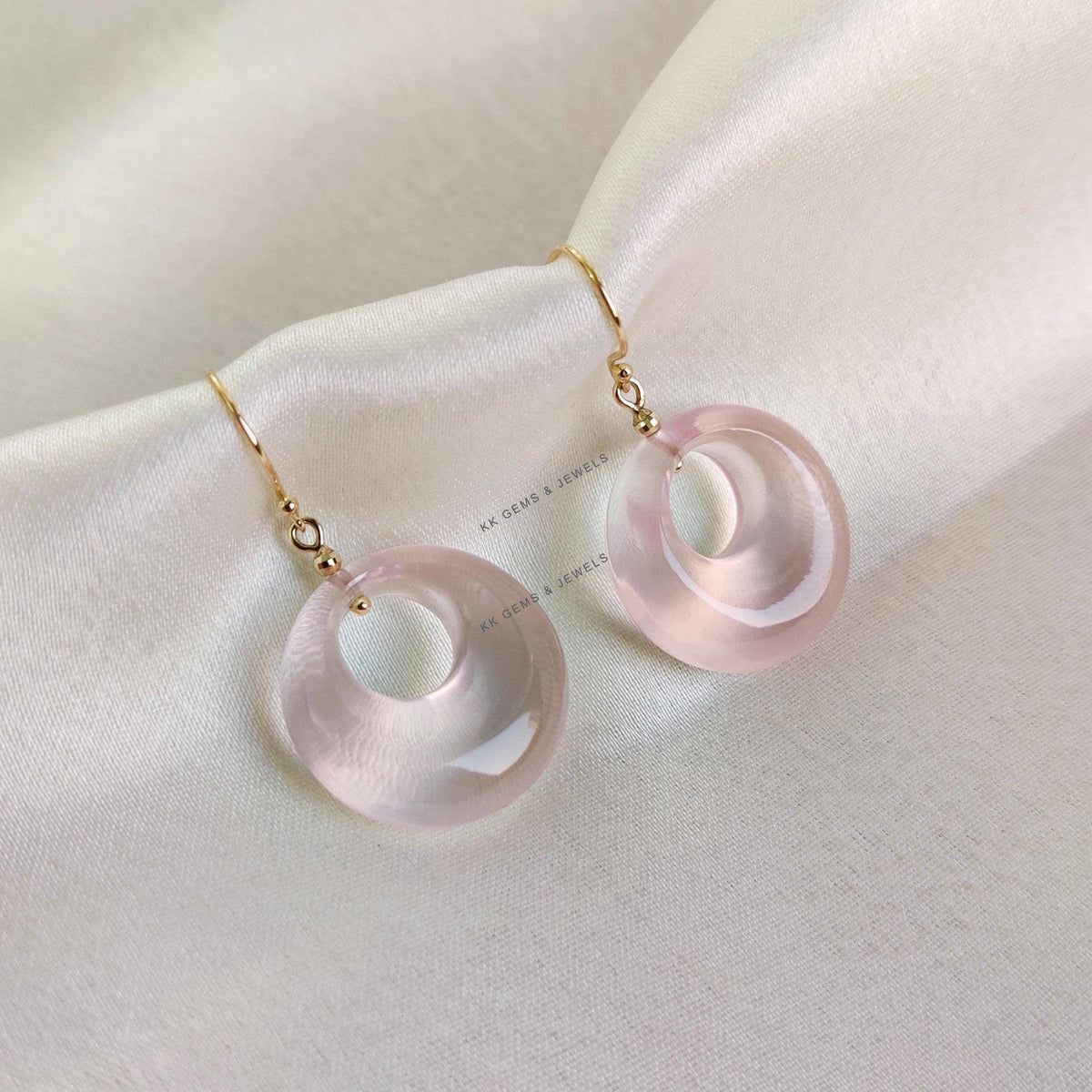 Natural Rose Quartz Donut Earrings, 14K Solid Yellow Gold Earrings, January Birthstone