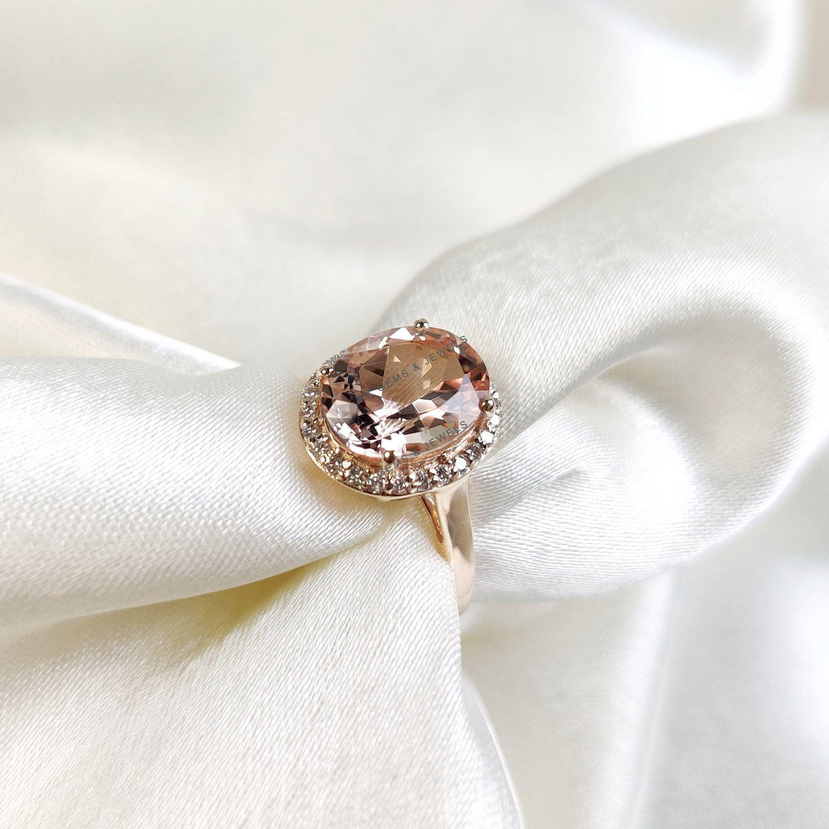 Natural Morganite & Diamond Ring, 14K Solid Yellow Gold Engagement Ring, Morganite Diamond Jewelry