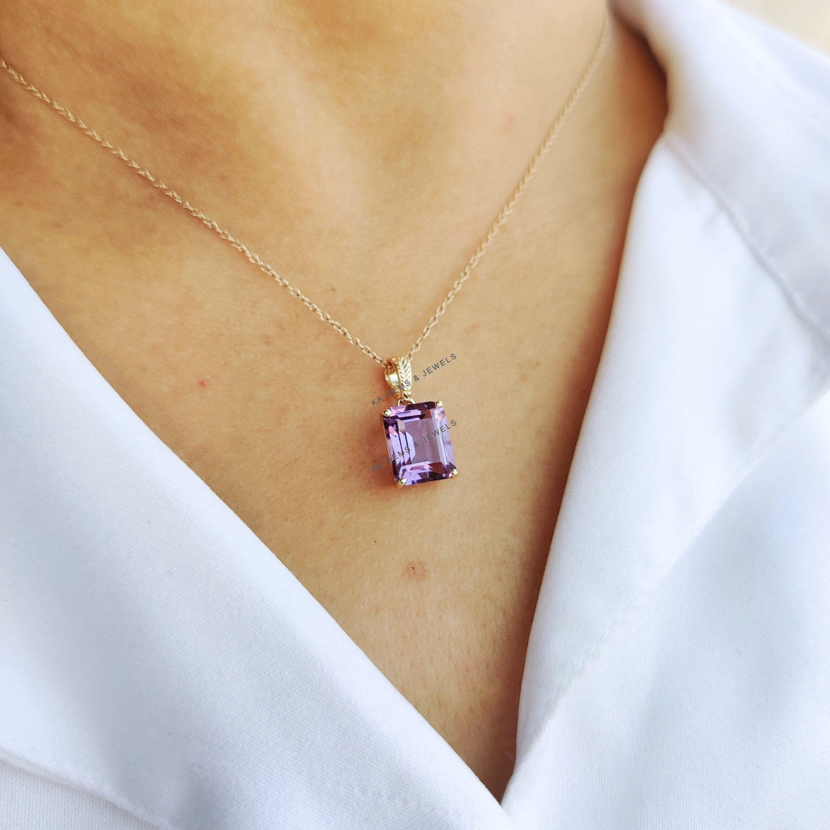 14K Solid Yellow Gold Natural Purple Amethyst Pendant, February Birthstone Jewelry, Christmas Present