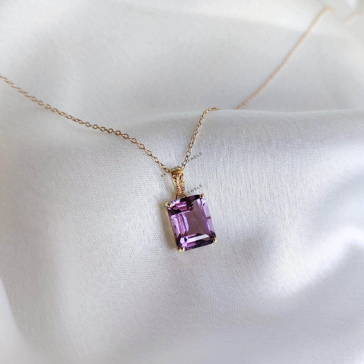 14K Solid Yellow Gold Natural Purple Amethyst Pendant, February Birthstone Jewelry, Christmas Present
