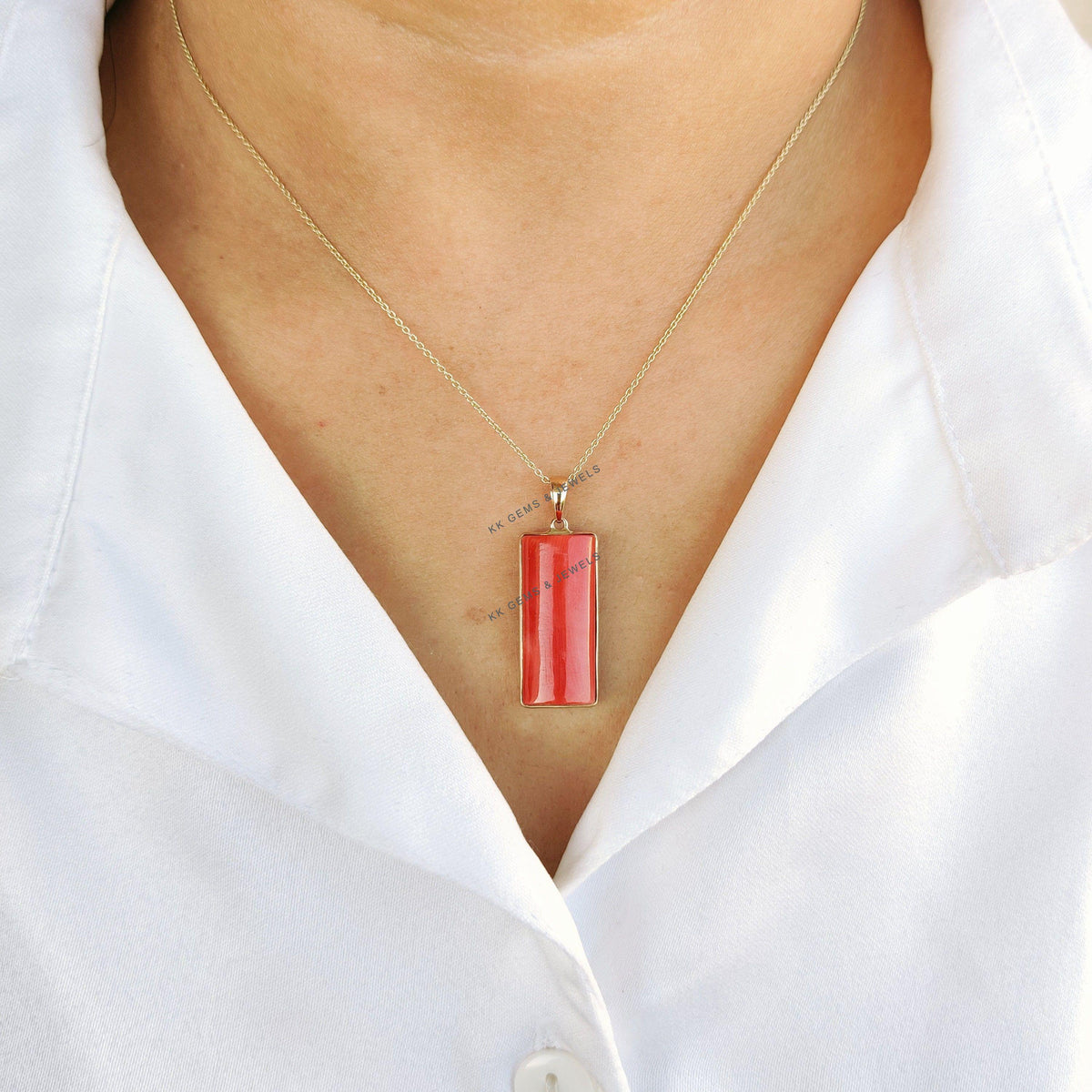 Natural Coral Pendant, 14K Solid Yellow Gold Bezel Pendant, April Birthstone, Christmas Present