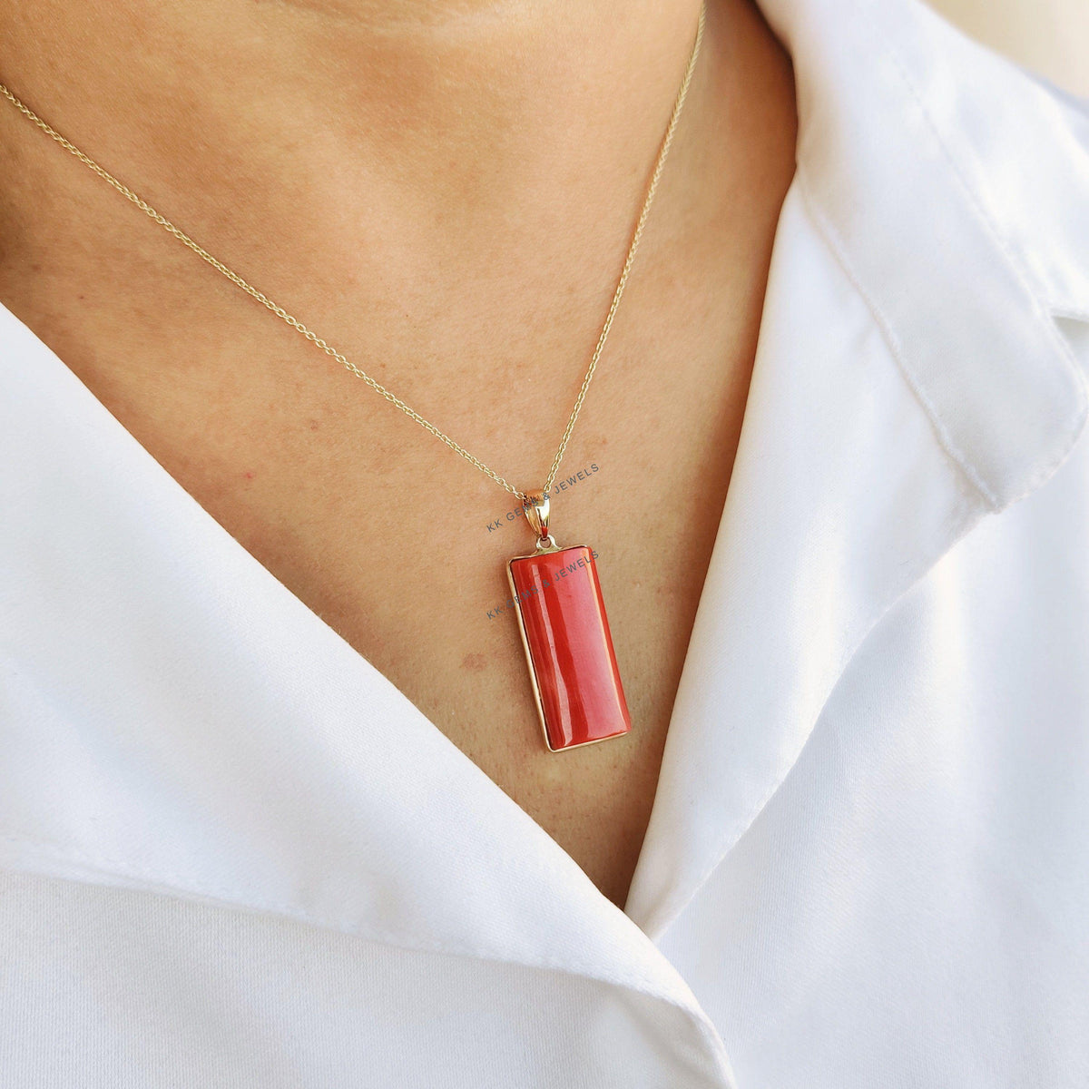 Natural Coral Pendant, 14K Solid Yellow Gold Bezel Pendant, April Birthstone, Christmas Present