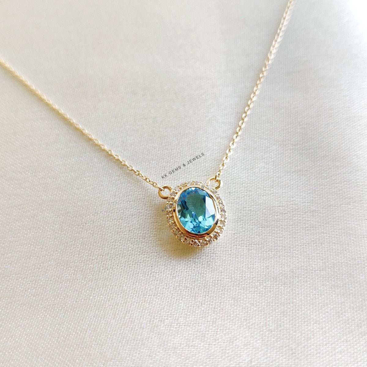 Natural Swiss Blue Topaz & Diamond Pendant, 14K Solid Yellow Gold Chain Necklace, December Birthstone, Christmas Present