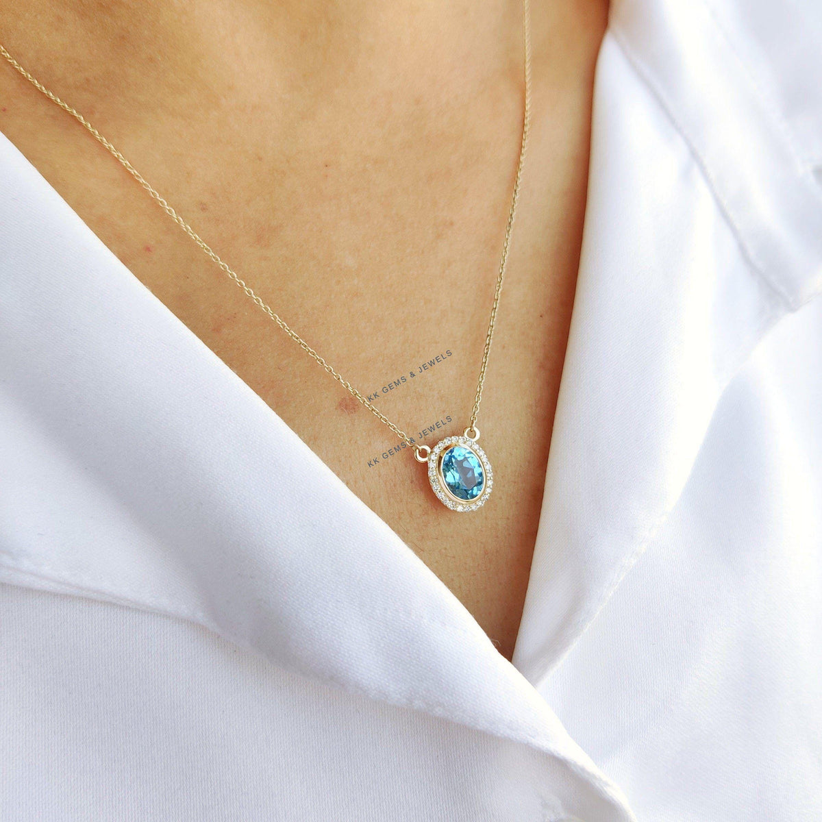 Natural Swiss Blue Topaz & Diamond Pendant, 14K Solid Yellow Gold Chain Necklace, December Birthstone, Christmas Present