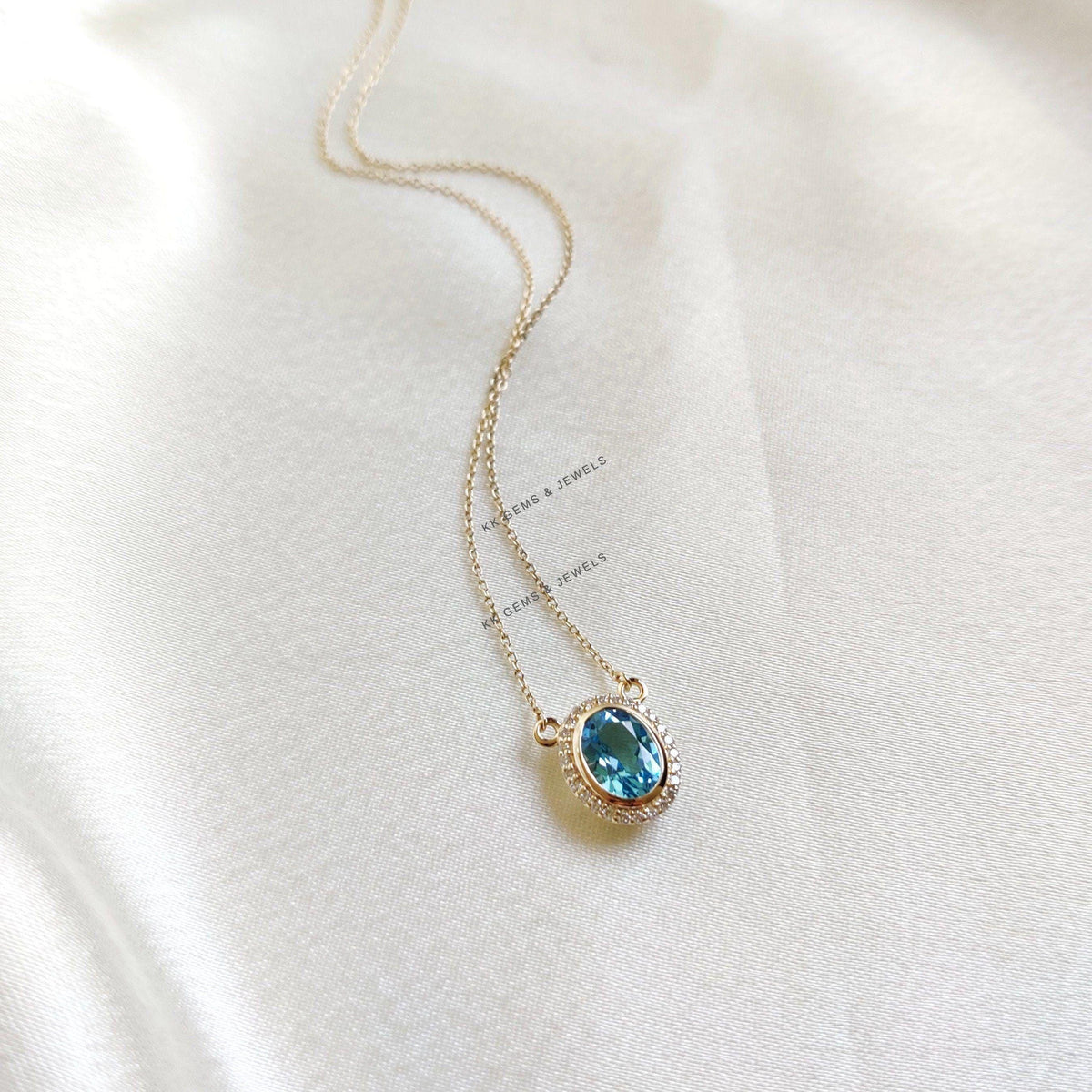 Natural Swiss Blue Topaz & Diamond Pendant, 14K Solid Yellow Gold Chain Necklace, December Birthstone, Christmas Present