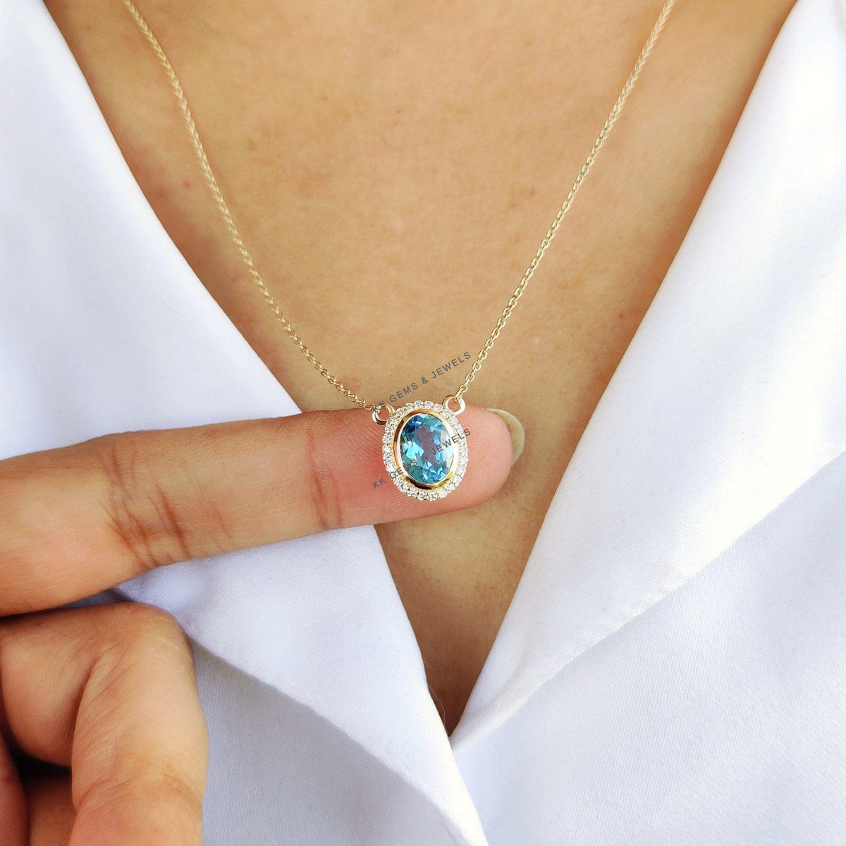 Natural Swiss Blue Topaz & Diamond Pendant, 14K Solid Yellow Gold Chain Necklace, December Birthstone, Christmas Present