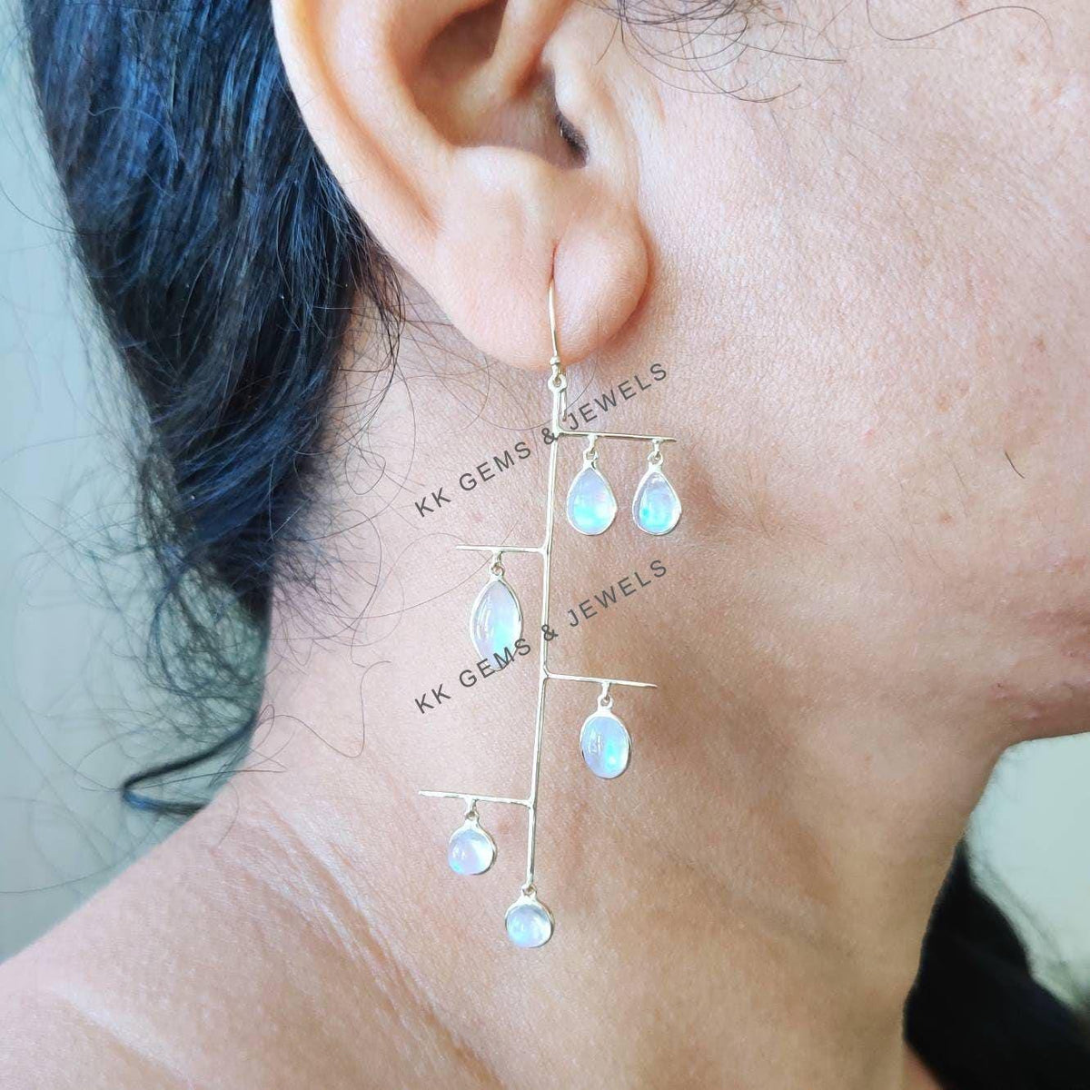 14K Solid Yellow Gold Natural Rainbow Moonstone Dangle Earrings, June Birthstone
