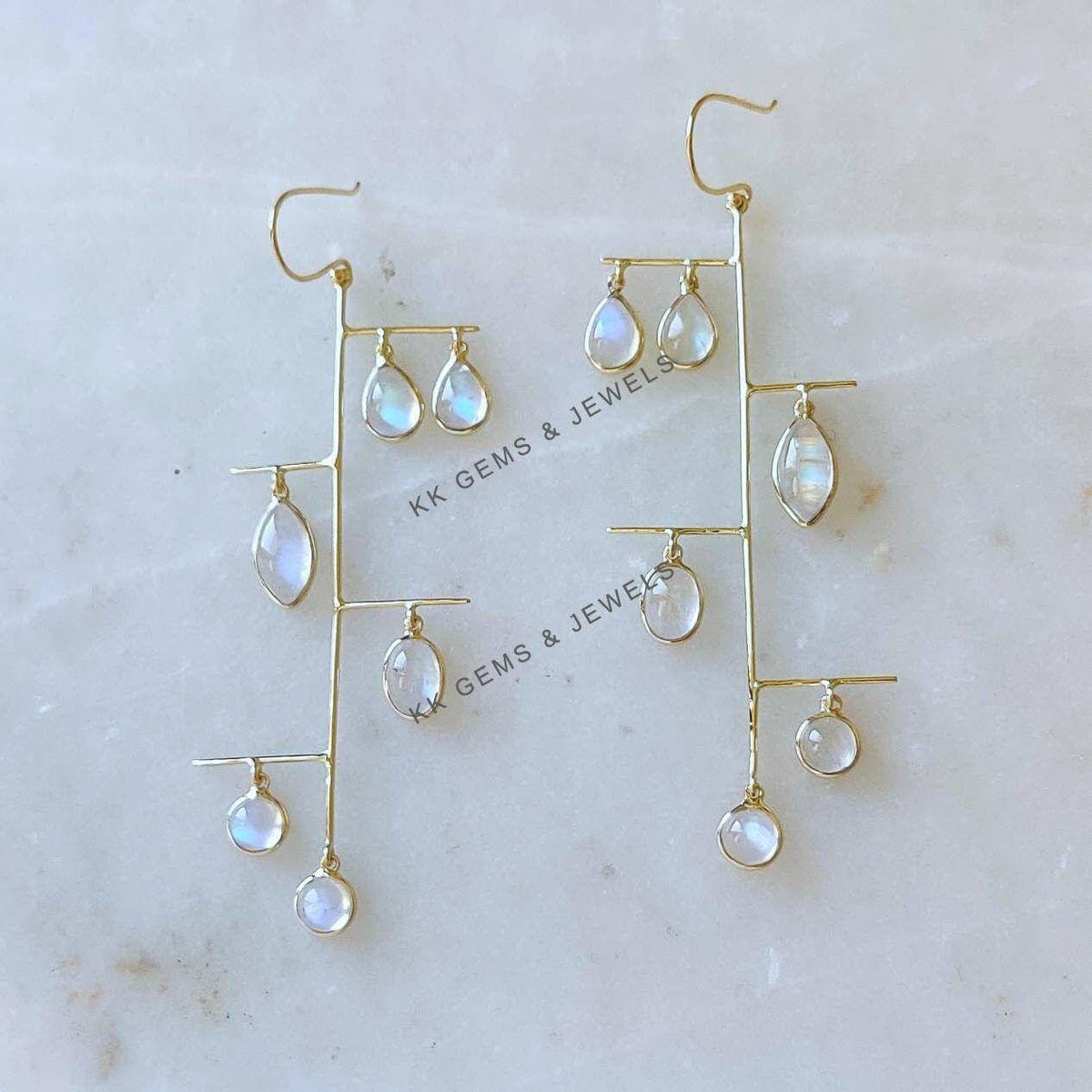 14K Solid Yellow Gold Natural Rainbow Moonstone Dangle Earrings, June Birthstone