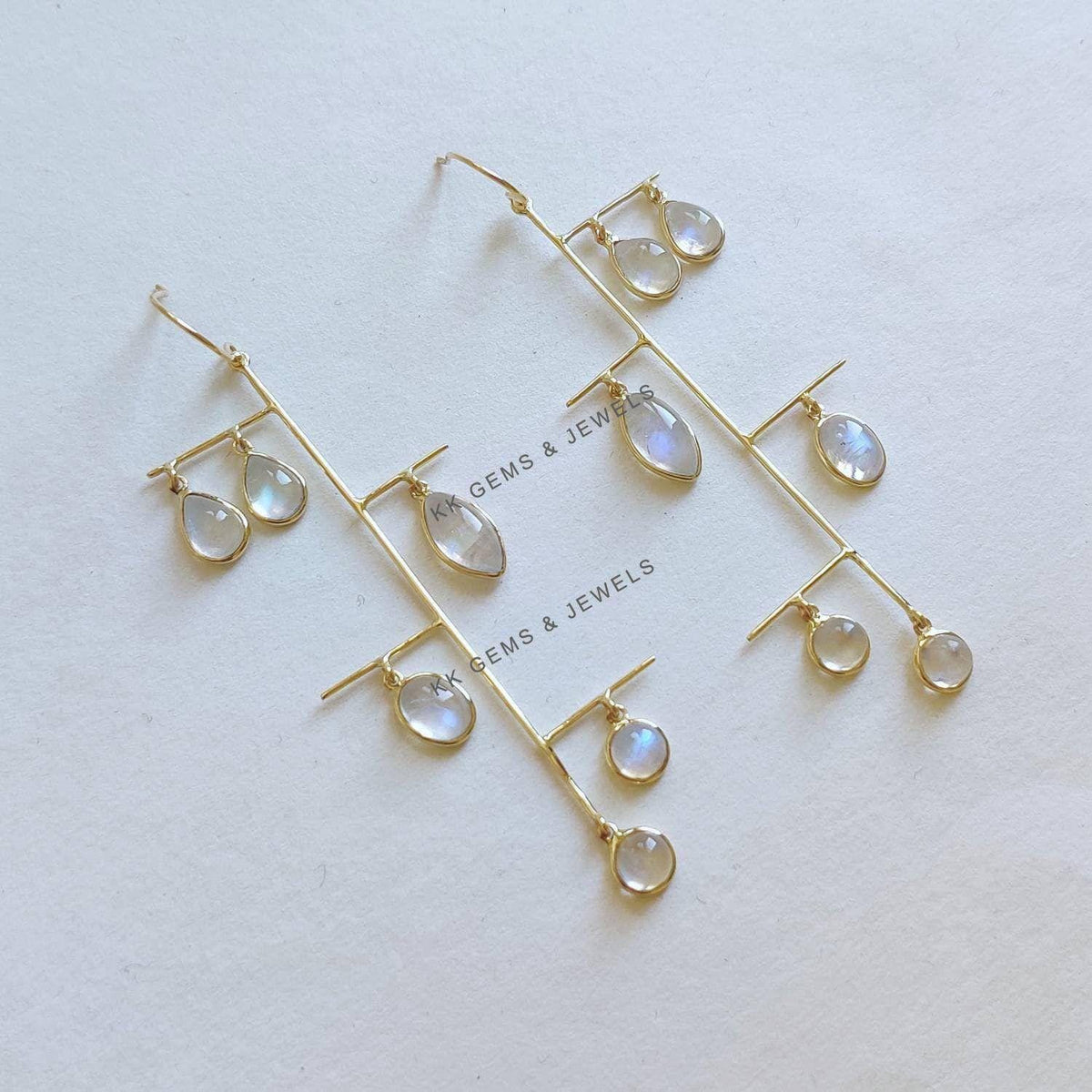 14K Solid Yellow Gold Natural Rainbow Moonstone Dangle Earrings, June Birthstone