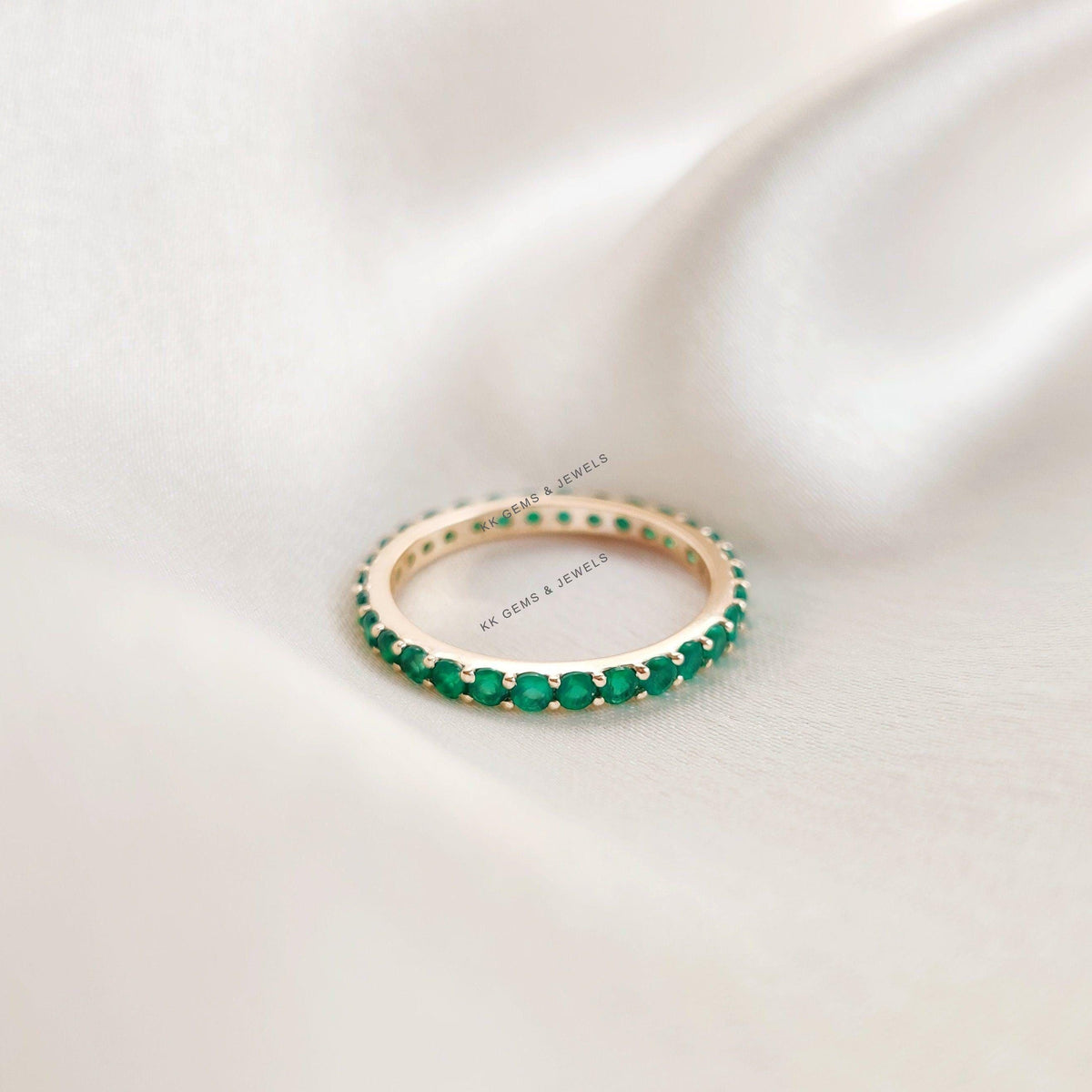 Natural Green Onyx Eternity Ring, 14K Solid Yellow Gold Infinity Band, May Birthstone, Christmas Present