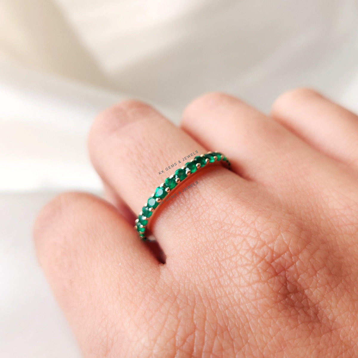 Natural Green Onyx Eternity Ring, 14K Solid Yellow Gold Infinity Band, May Birthstone, Christmas Present