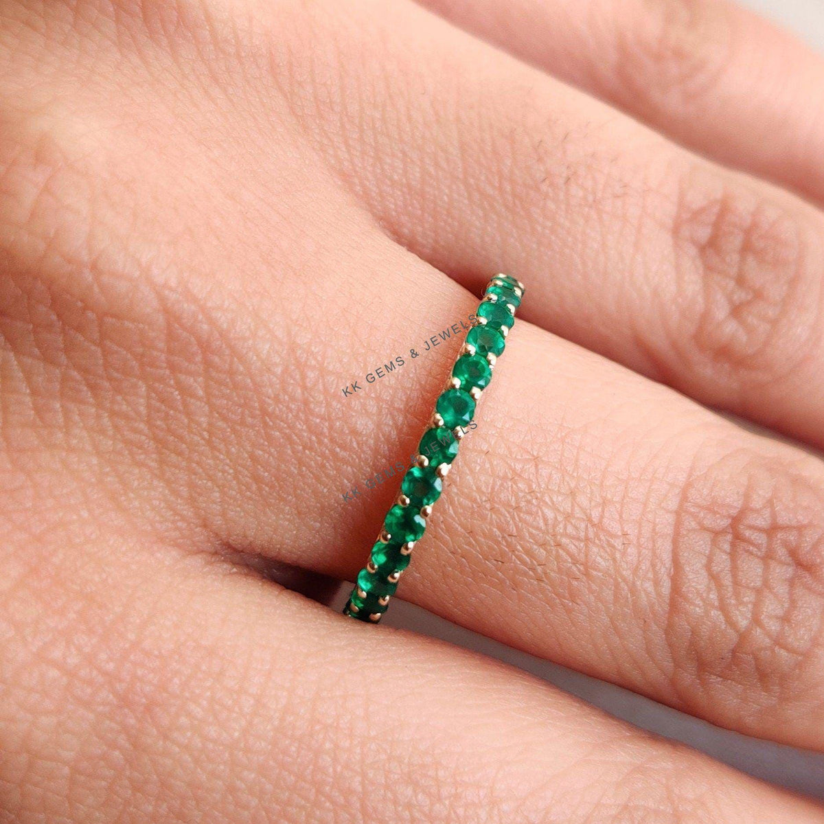 Natural Green Onyx Eternity Ring, 14K Solid Yellow Gold Infinity Band, May Birthstone, Christmas Present