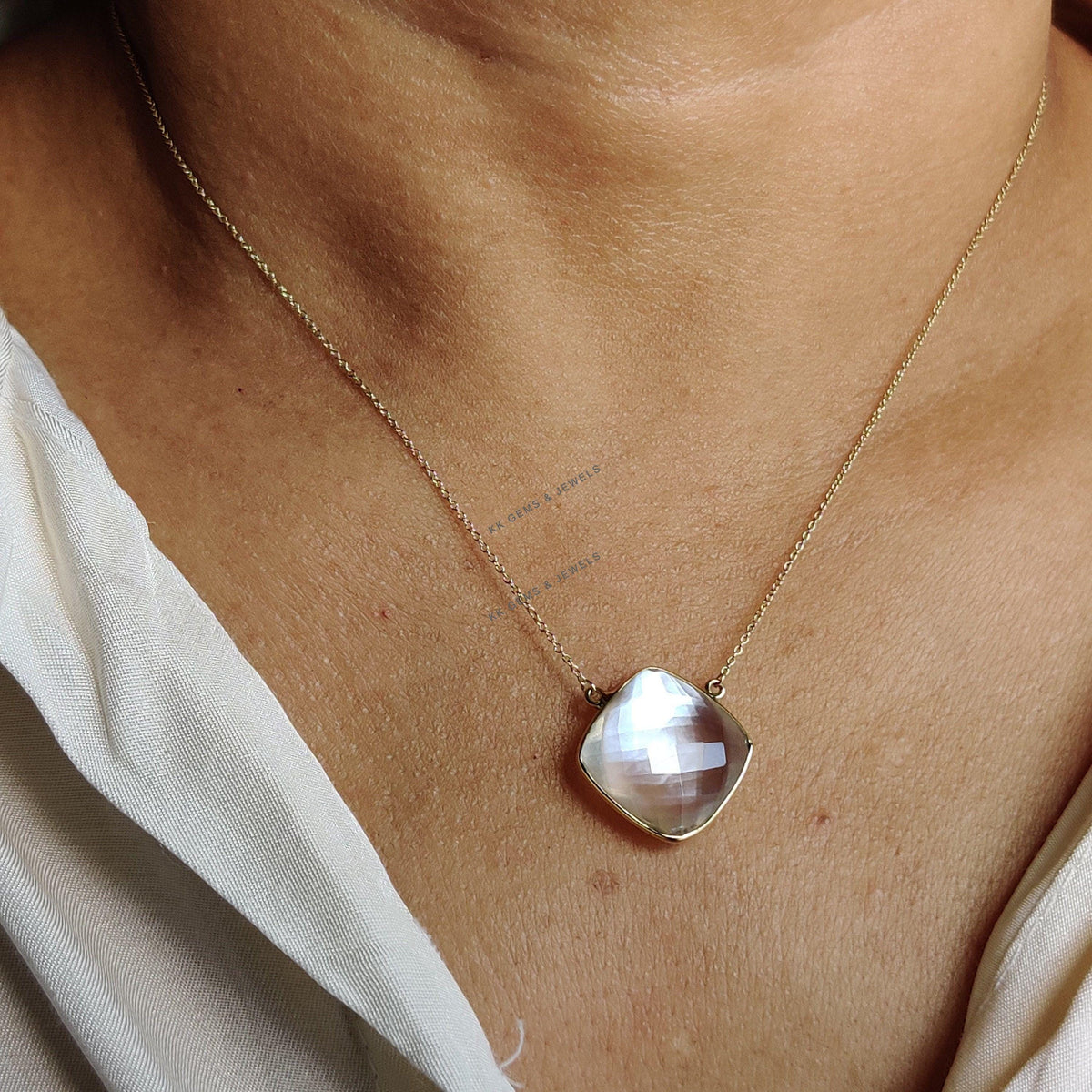 Natural Mother Of Pearl & Clear Quartz Necklace, 14K Solid Yellow Gold Chain Necklace, June Birthstone, Christmas Present