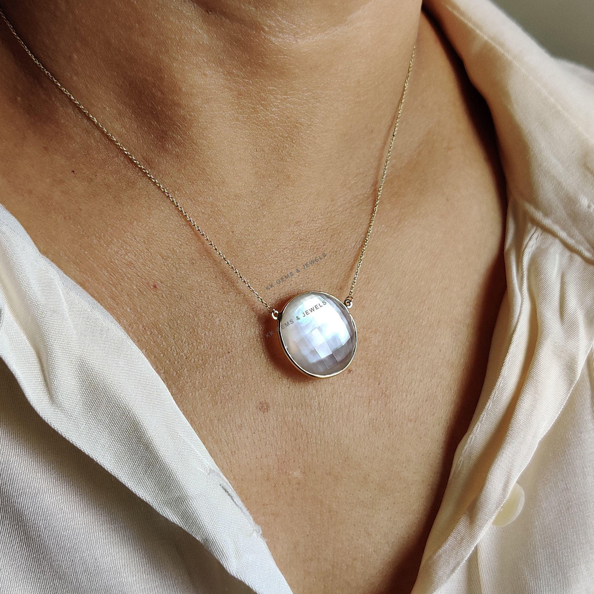 Natural Pearl & Quartz Doublet Necklace, 14K Solid Yellow Gold Bezel Necklace, Christmas Present