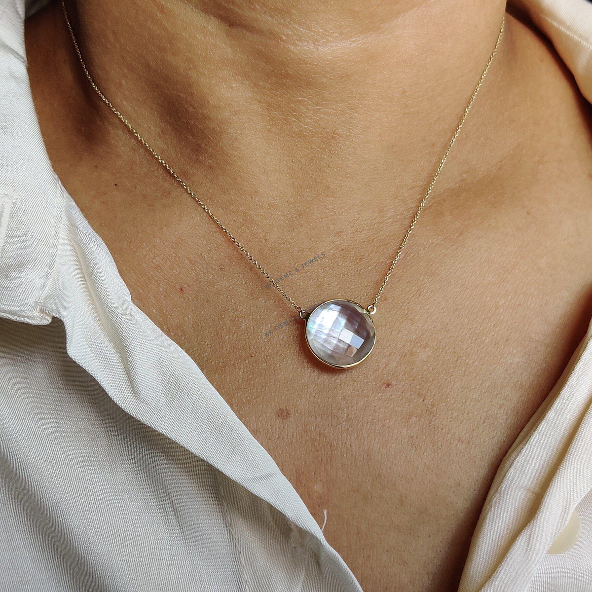 Natural MOP & Clear Quartz Doublet Pendant, 14K Solid Gold Bezel Necklace, June Birthstone, Christmas Present